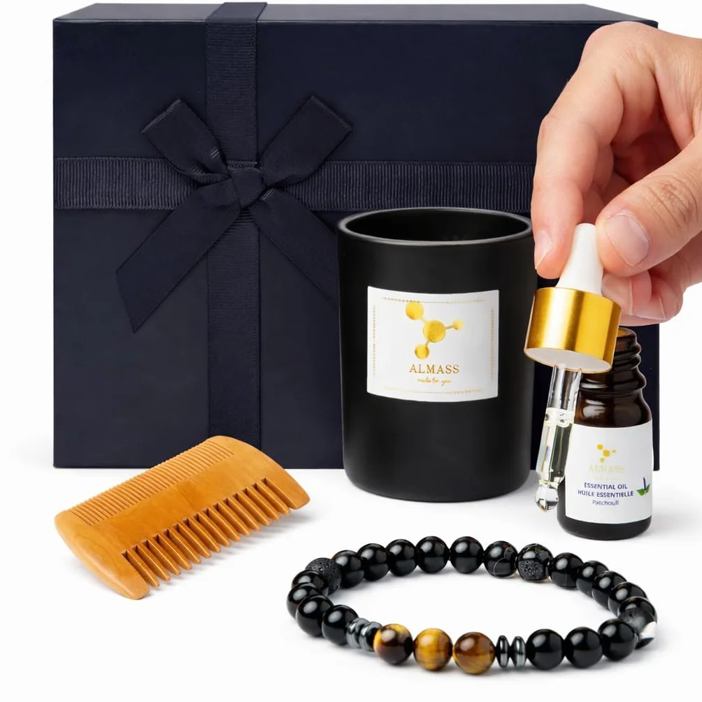 coffret cadeau homme - bijoux homme - ideaa cadeau original : Bougie OUD 100% Naturelle + Bracelet pierres Naturelle Diffuseur huile essentielle + 5ml PATCHOULI+ Peigne en Bois