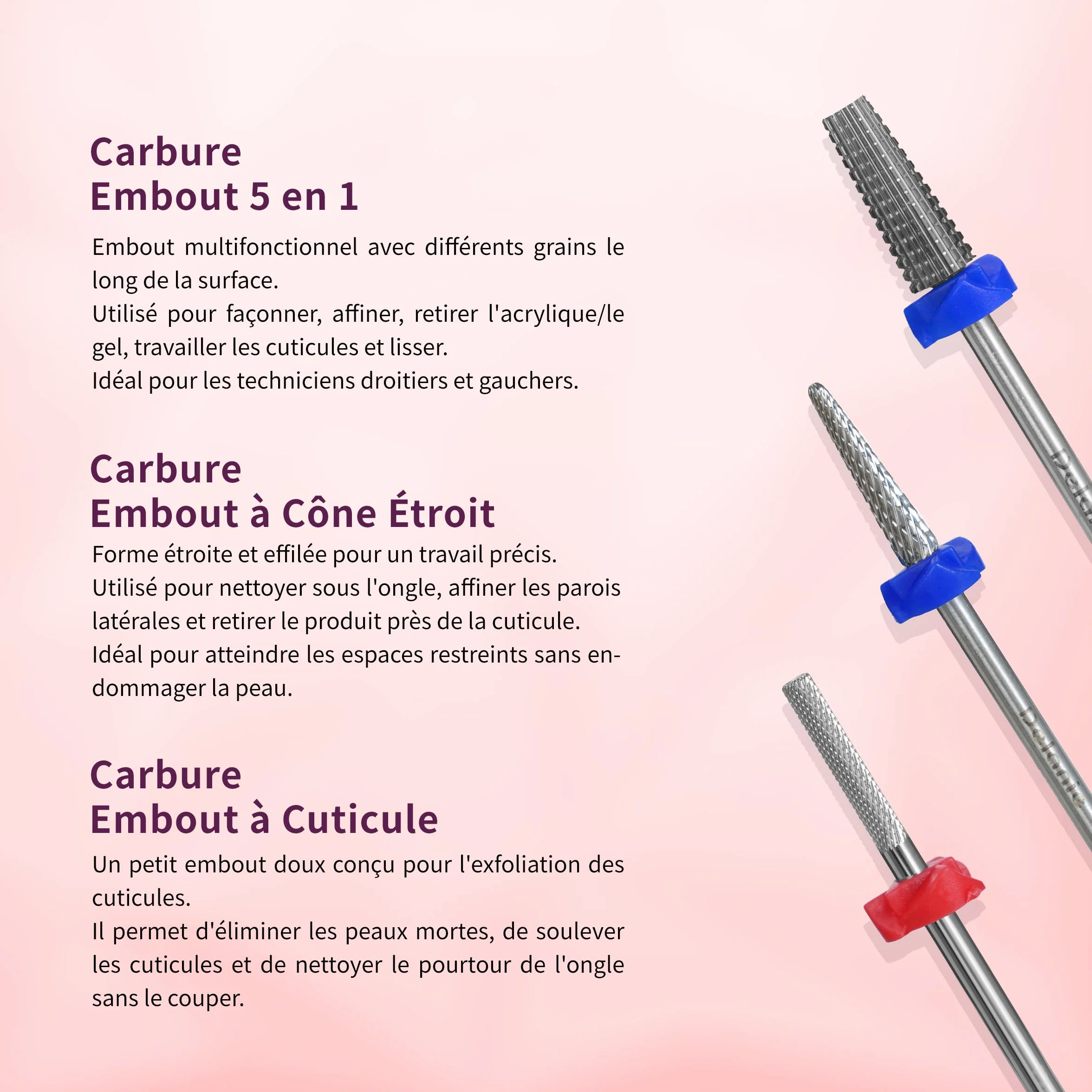 Delanie 7Pcs Embout Ponceuse Ongles 3/32 en Carbure de Tungstène & Diamant, Foret a Ongles Outils Professionnel pour Éliminer Gel Acrylique Cuticule