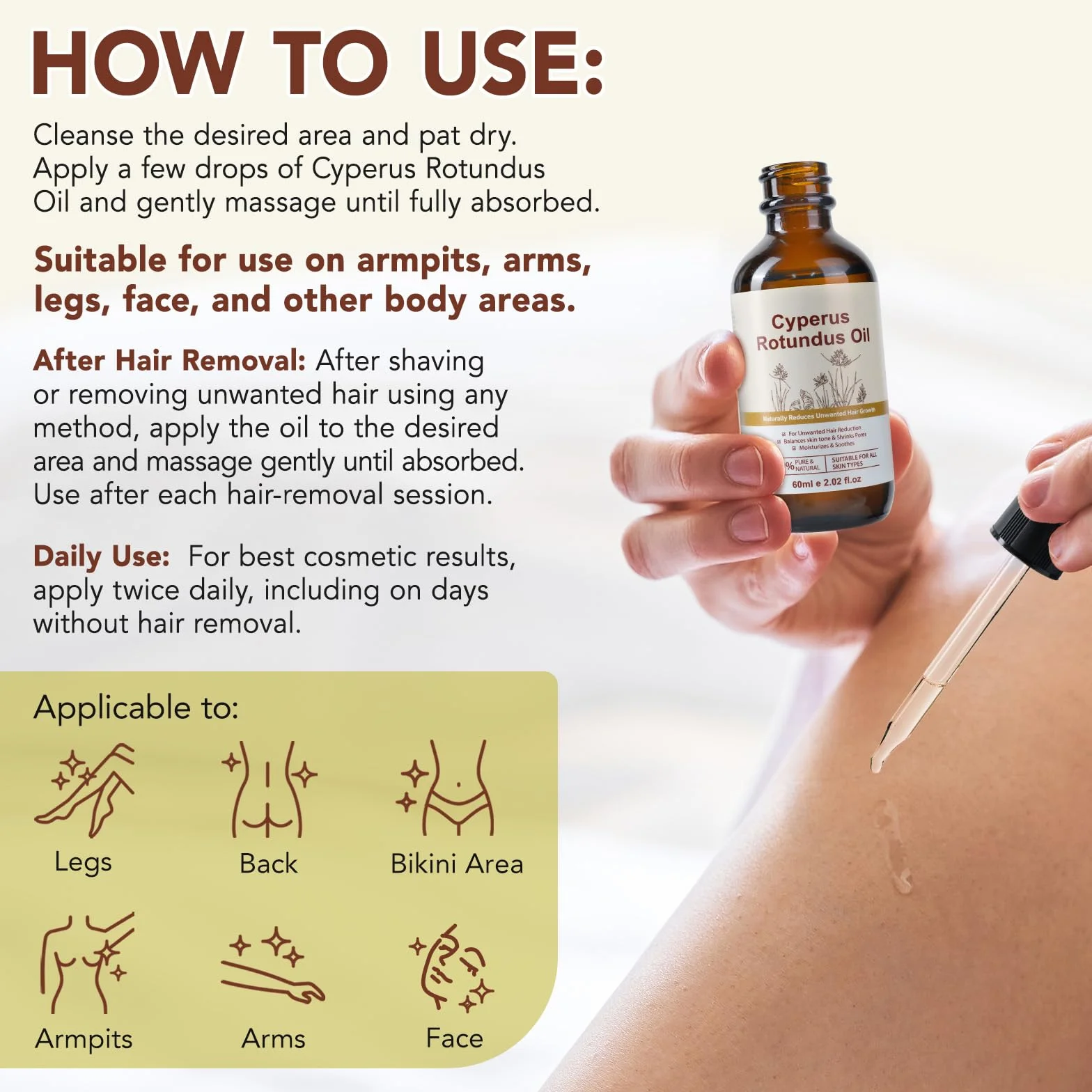 Huile Cyperus Rotundus Naturelle pour Épilation, Réduit la Croissance des Poils, Resserre les Pores, Hydrate la Peau (1 Pièce)