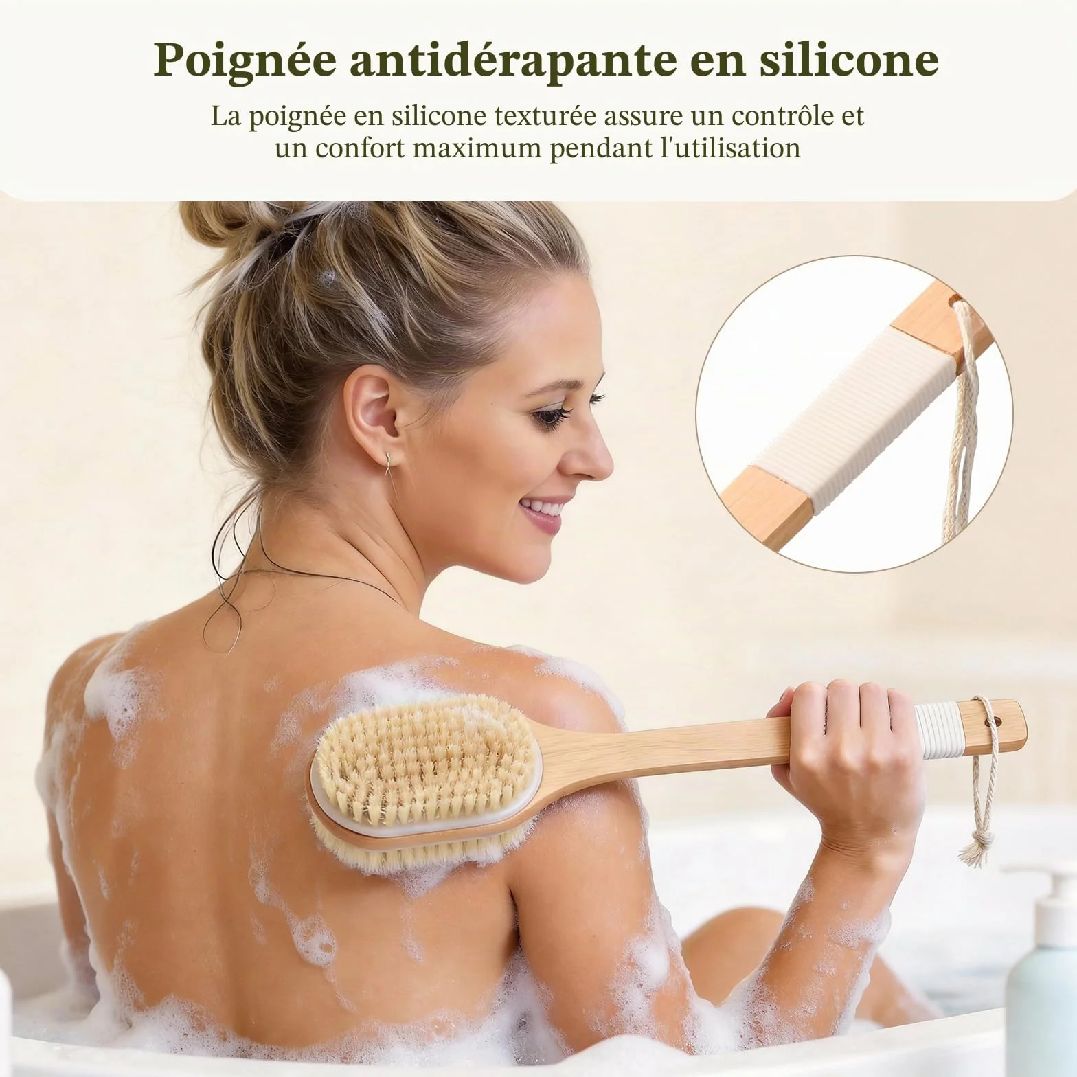 Brosse Dos Douche Long Manche 43 cm, Exfoliante Corps Humide et Sèche