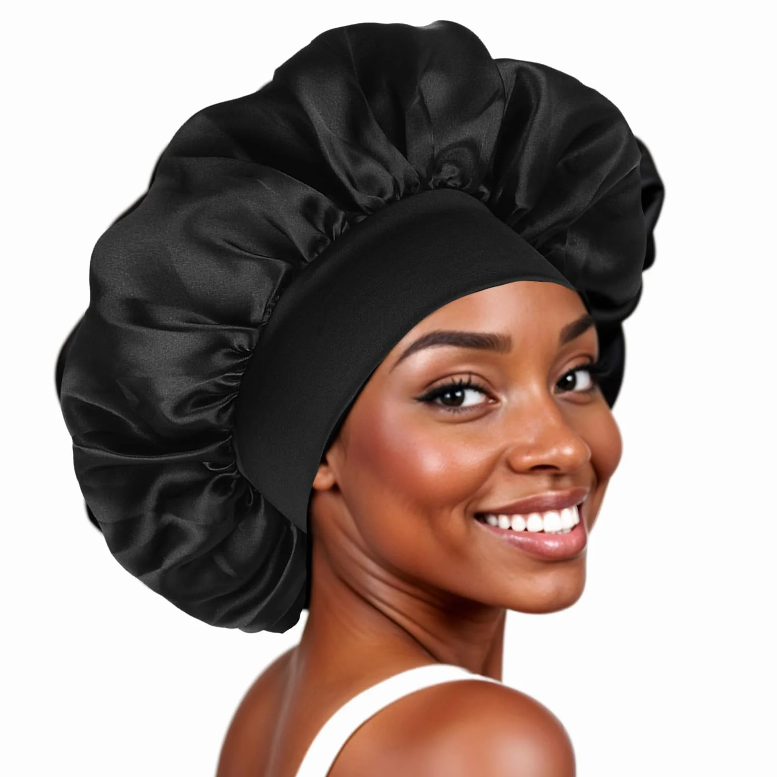 Bonnet en satin pour dormir double couche réversible noir large élastique 1 pièce