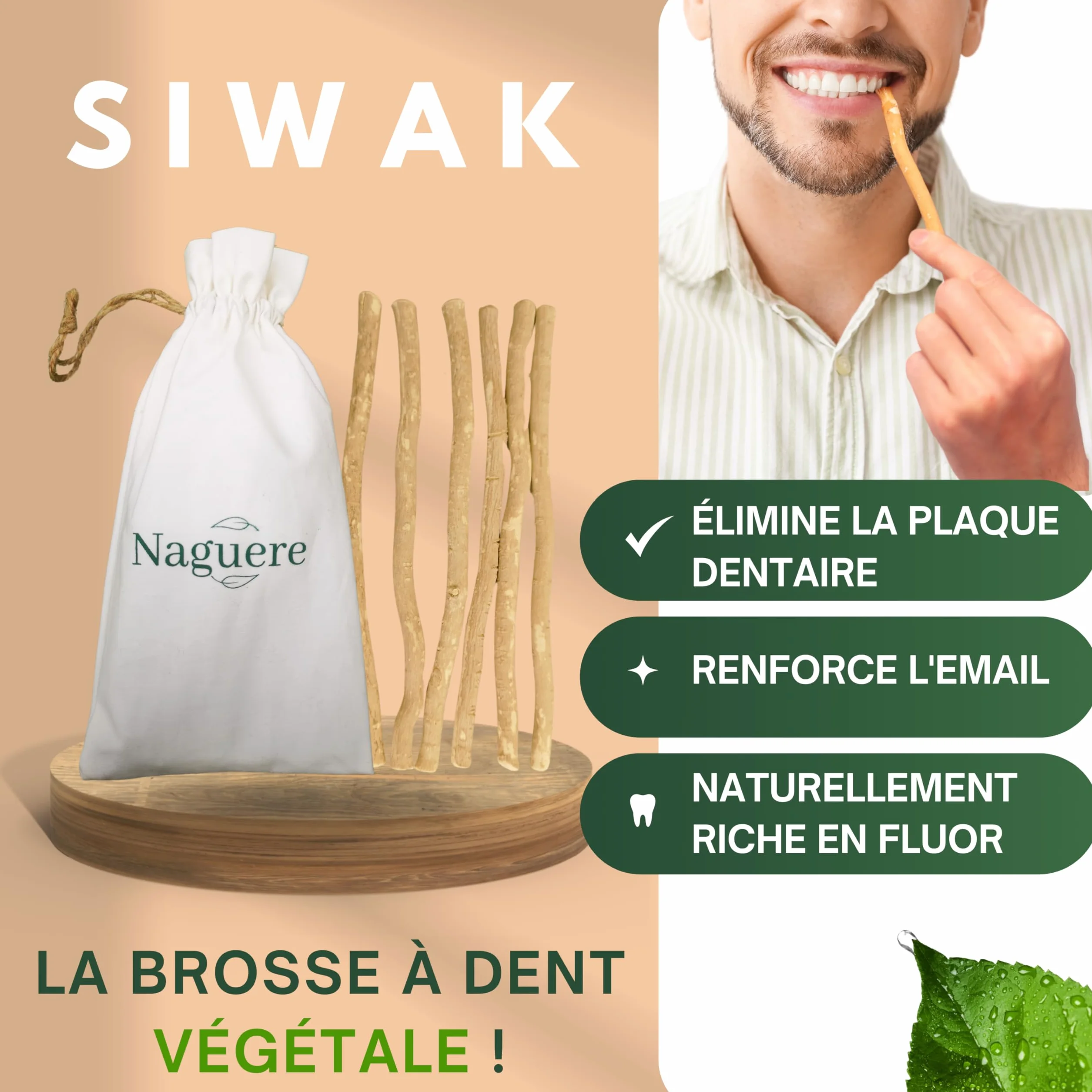 Siwak Naturel 6 Batons de Miswak Sec + Pochon Sans Conservateur Écologique Sans Plastique