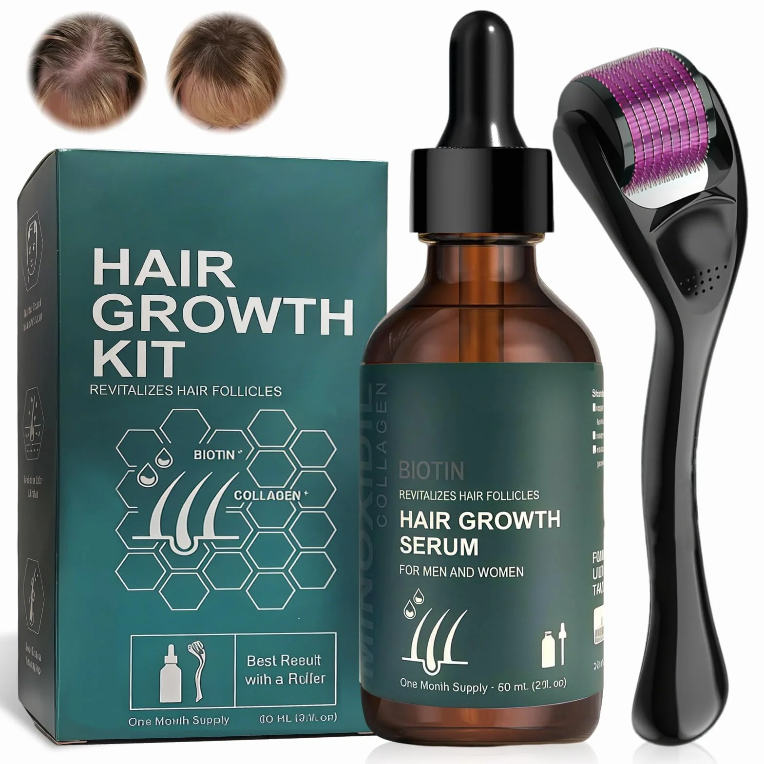 Sérum de Croissance des Cheveux 60ml avec Rouleau 0,5 mm, Huile pour Cheveux, Épaississement et Renforcement, Contre la Chute