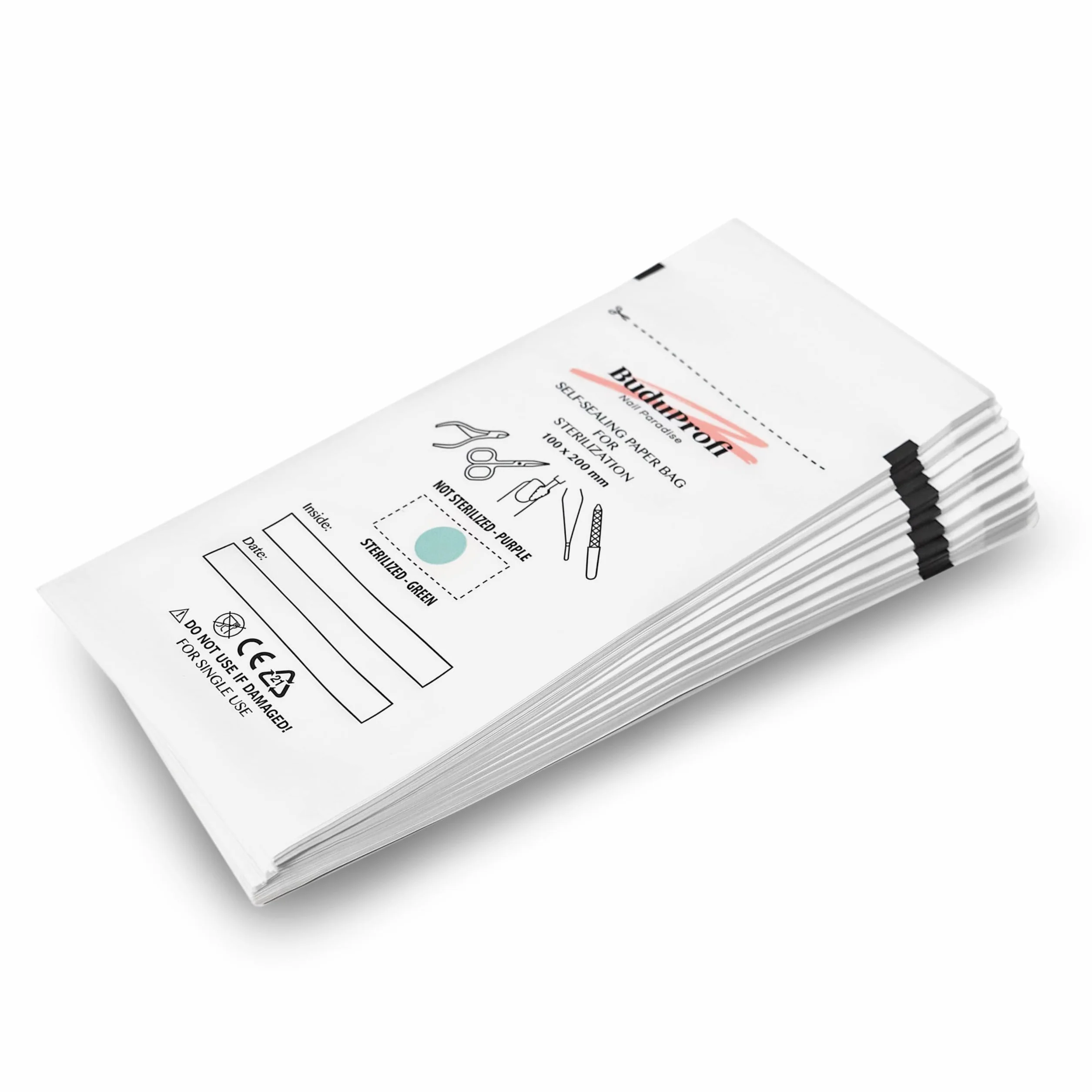Lot de 100 sacs de stérilisation autoclave et four sec instruments manucure pédicure avec indicateur et scellage (100 x 200 mm, blanc)