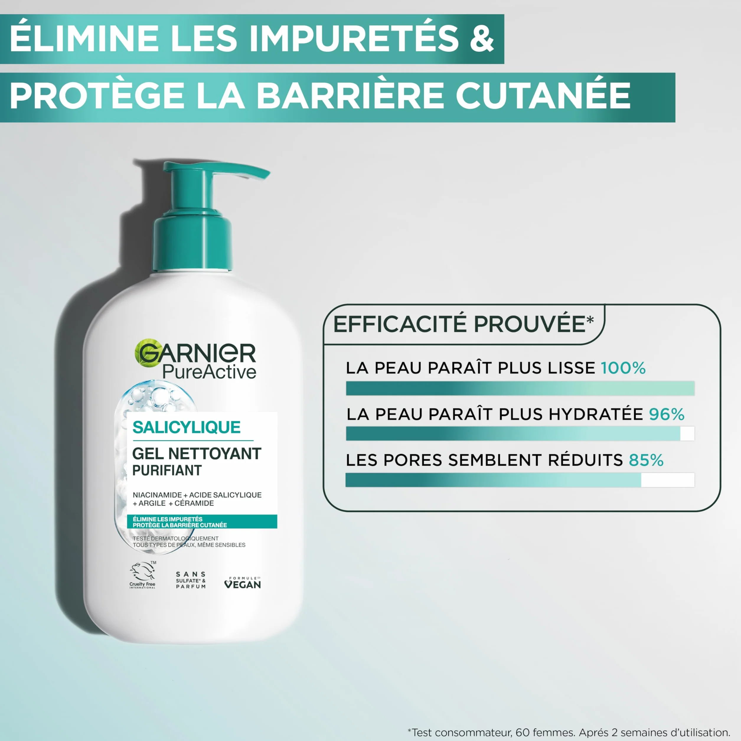 Garnier Pure Active Gel Nettoyant Moussant 250 ml Purifie Hydrate Élimine Impuretés Acide Hyaluronique Céramide Argile Vegan