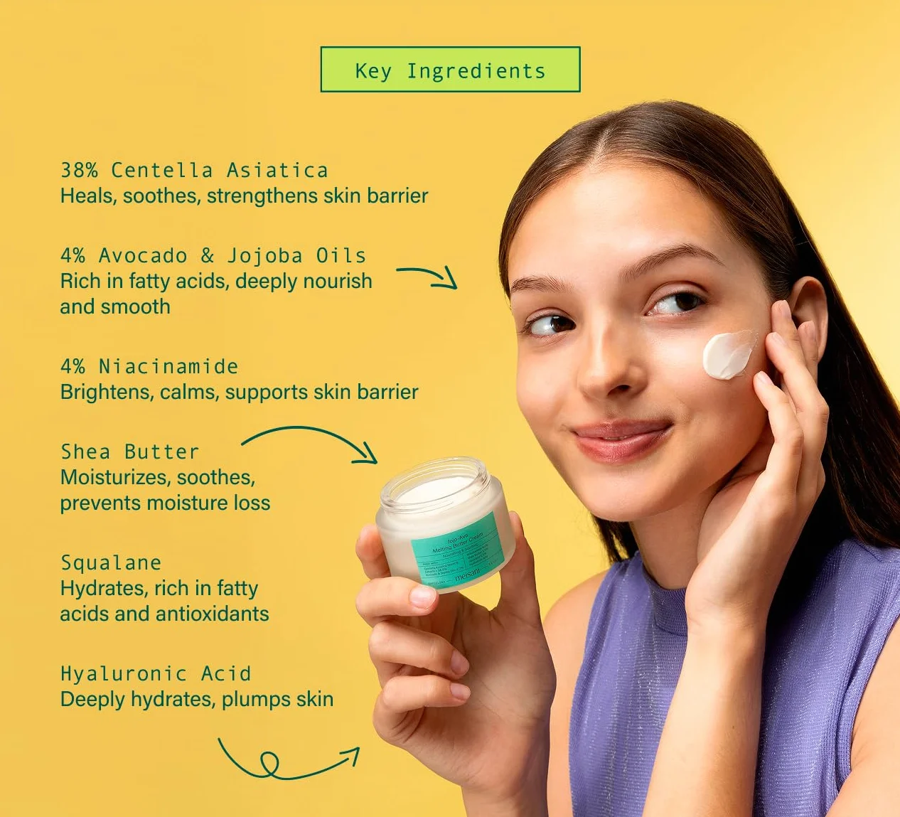 Meisani Jojo-Avo Melting Butter Cream, Crème hydratante et nourrissante à l'avocat et à la centella asiatica pour peaux sensibles et déshydratées, 50 ml