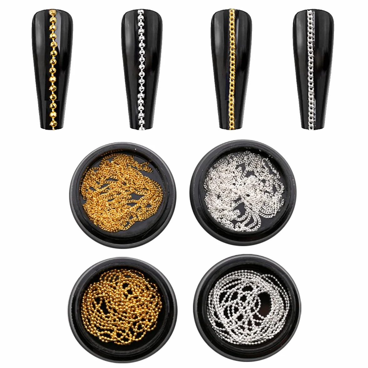 Lot de 4 chaînes à ongles métal doré argenté 1 m, pendentifs 3D nail art