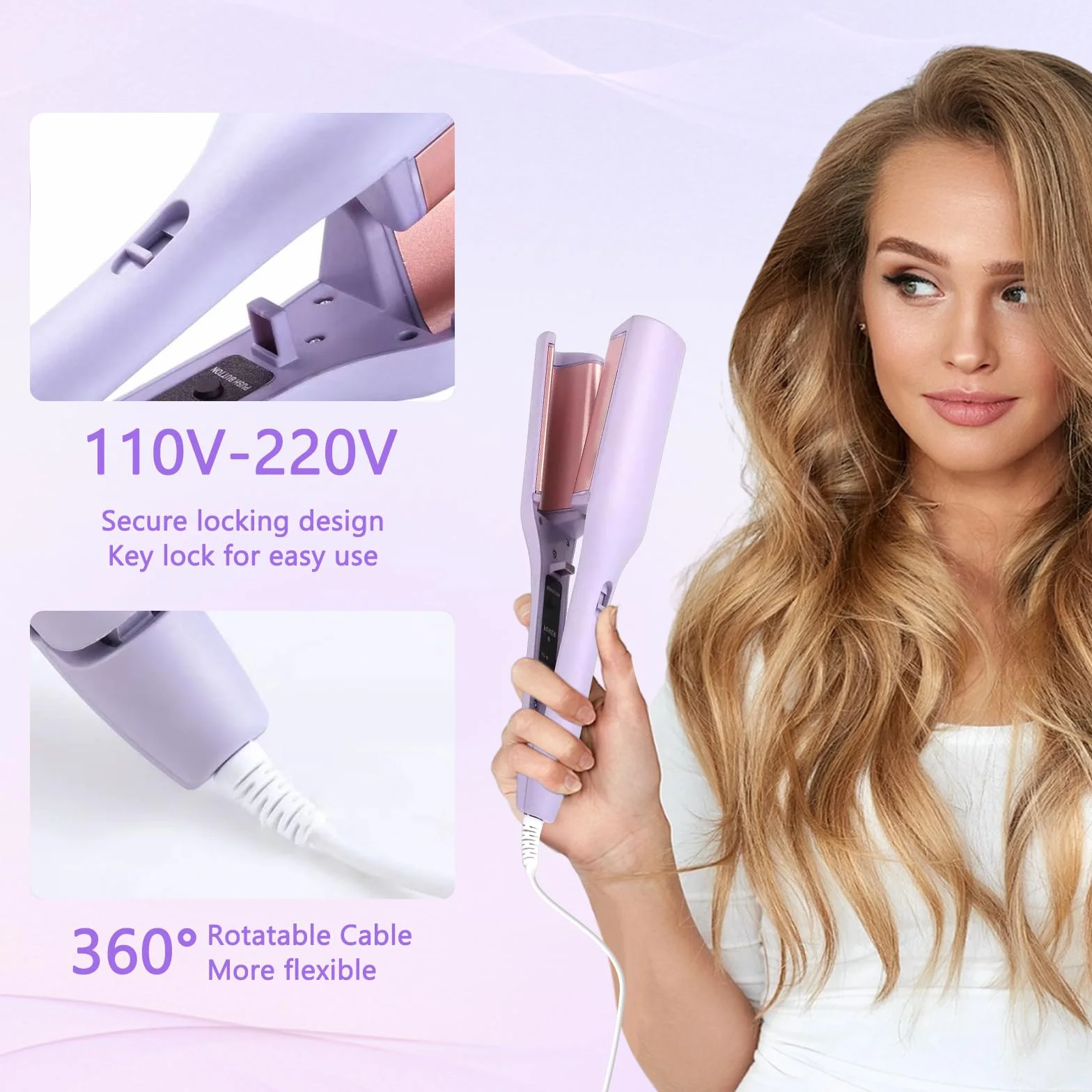 Fer à Boucler, 2 Têtes Barils wavy Fers à Friser Onduler, 32mm Fer à Onduler Céramique, Professionnel Friser Wavy Barils en Température Réglable 160-220° C Bigoudi Styling Outils Cheveux (Violet)
