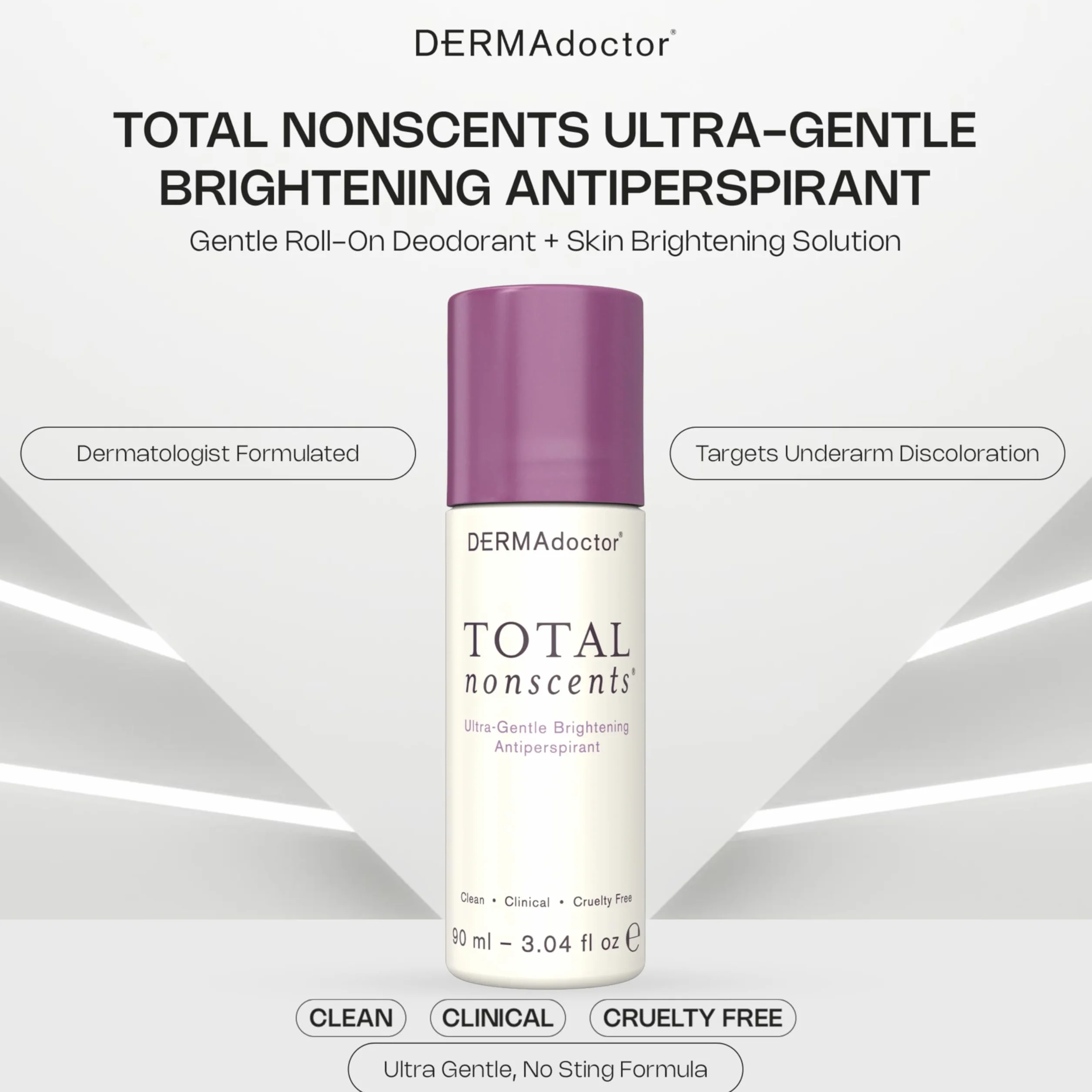 DERMAdoctor Déodorant Femme et Homme Total NonScents – Deodorant Anti Transpirant Femme Ultra-Doux Peaux Sensibles, Éclaircissant Teint Aisselles, Sans Parfum, Hypoallergénique Roll-On 90 ml