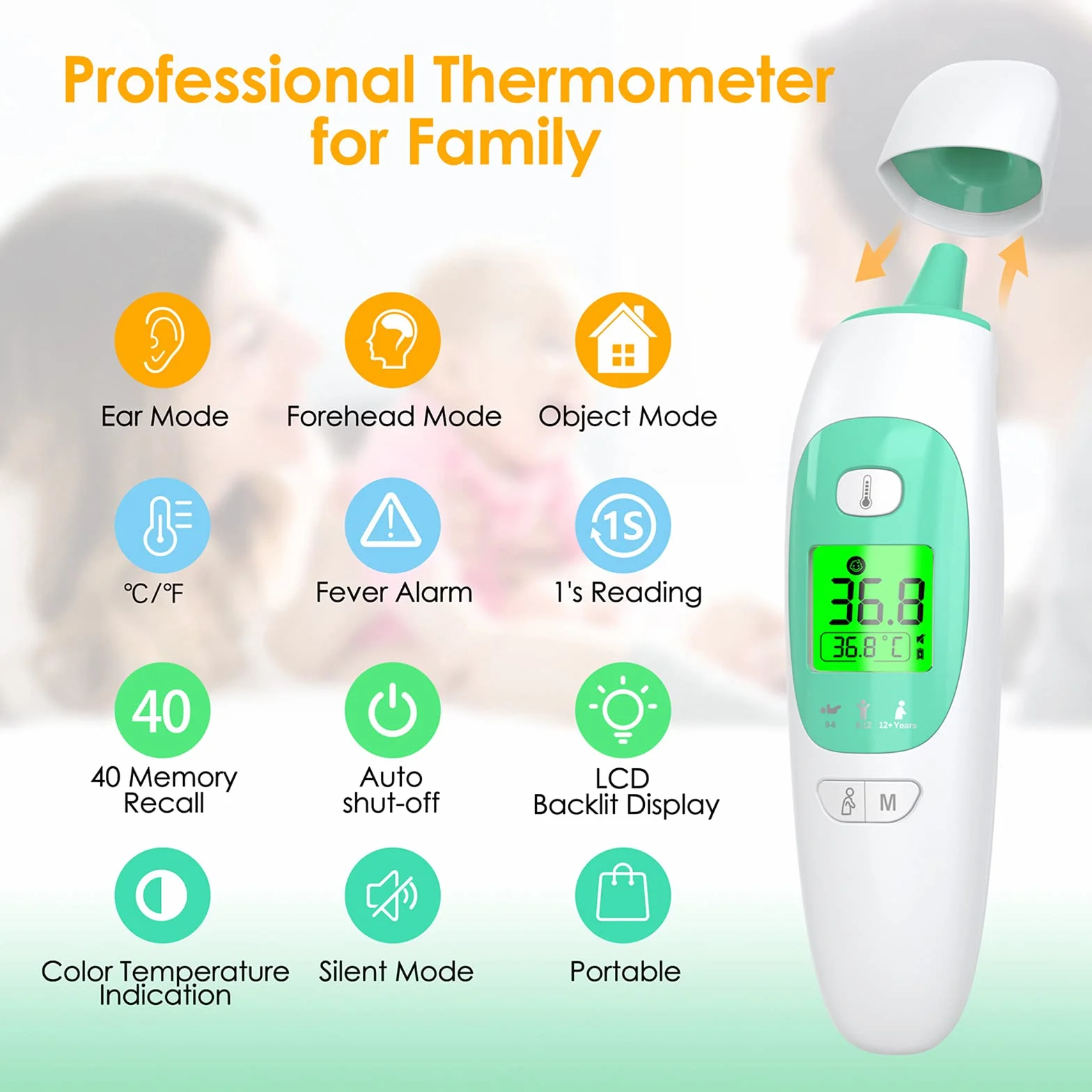 Thermomètre Frontal et Auriculaire Médical sans Contact pour Bébé Enfant Adulte avec Alarme de Fièvre et Écran LCD