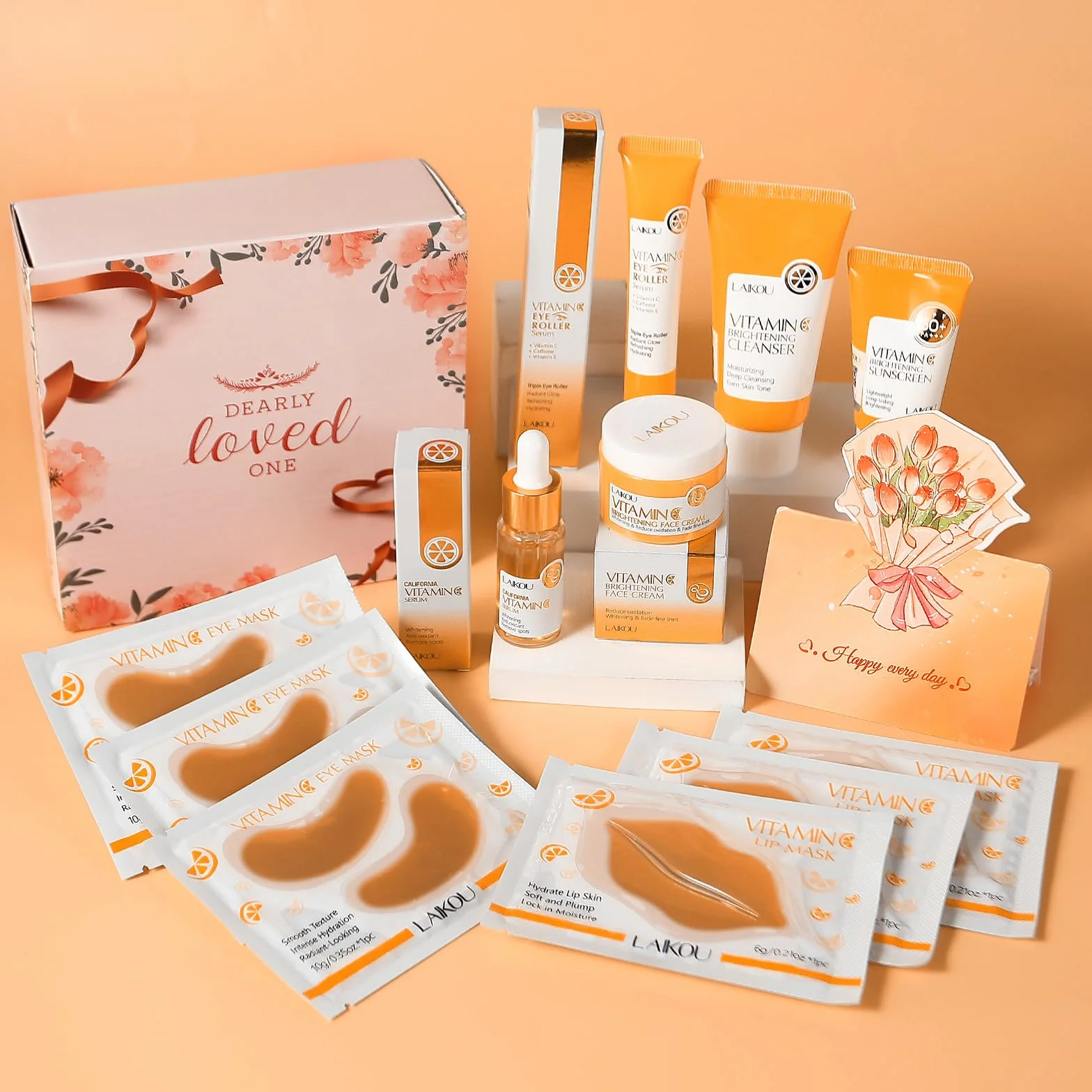 LAIKOU 11Pcs Vitamine C Kit Soin Visage Femme Voyage | Routine Beauté Visage avec Lait Nettoyant Crème Yeux Essence Masque Lèvres Masque Yeux Solaire, pour Adolescentes et Femmes