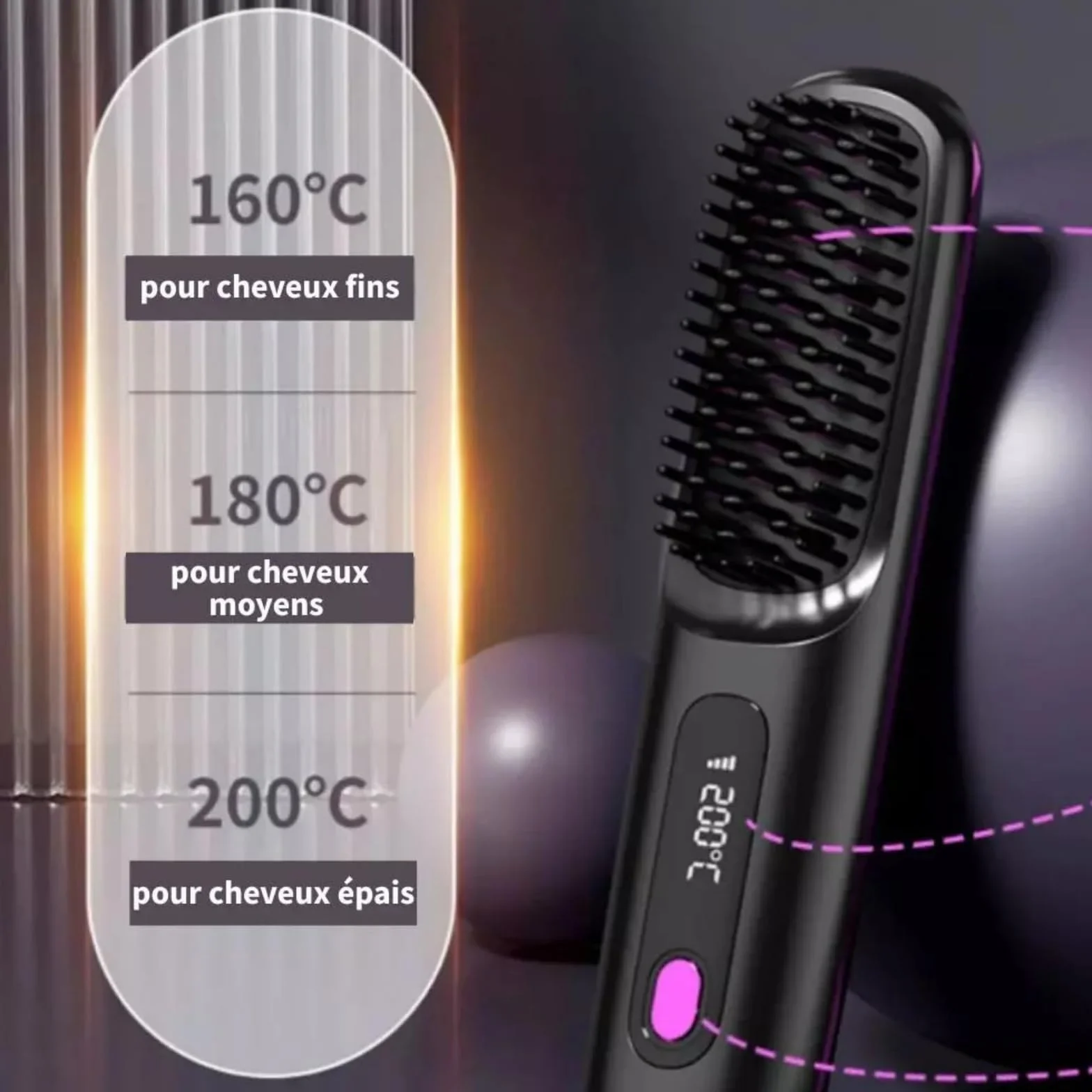 Velora Brosse Lissante Sans Fil Rechargeable USB Mini Peigne Lissant Thermique Portable avec 3 Réglages de Température et Écran LED