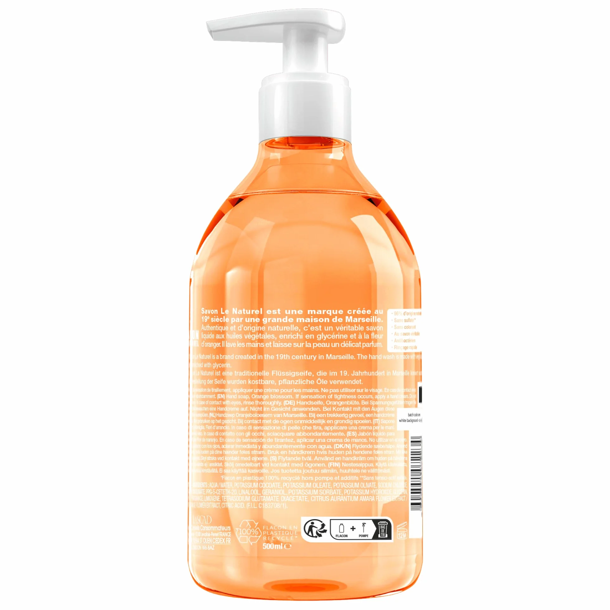 Savon Le Naturel Savon Liquide Extra Pur de Marseille à la Fleur d'Oranger 500 ml Antibactérien