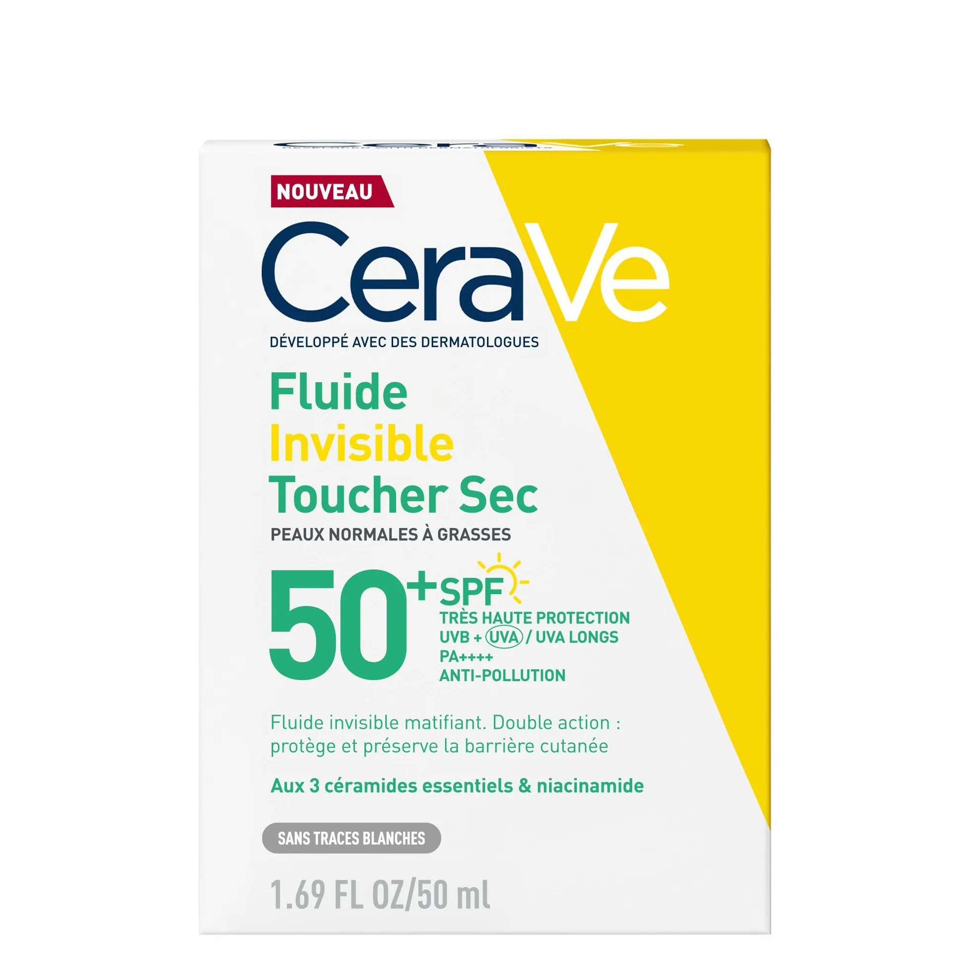 CeraVe Fluide Invisible SPF 50+ Très Haute Protection Solaire Visage Peaux Normales à Grasses Matifiant 12H Base Maquillage Niacinamide Vitamine E
