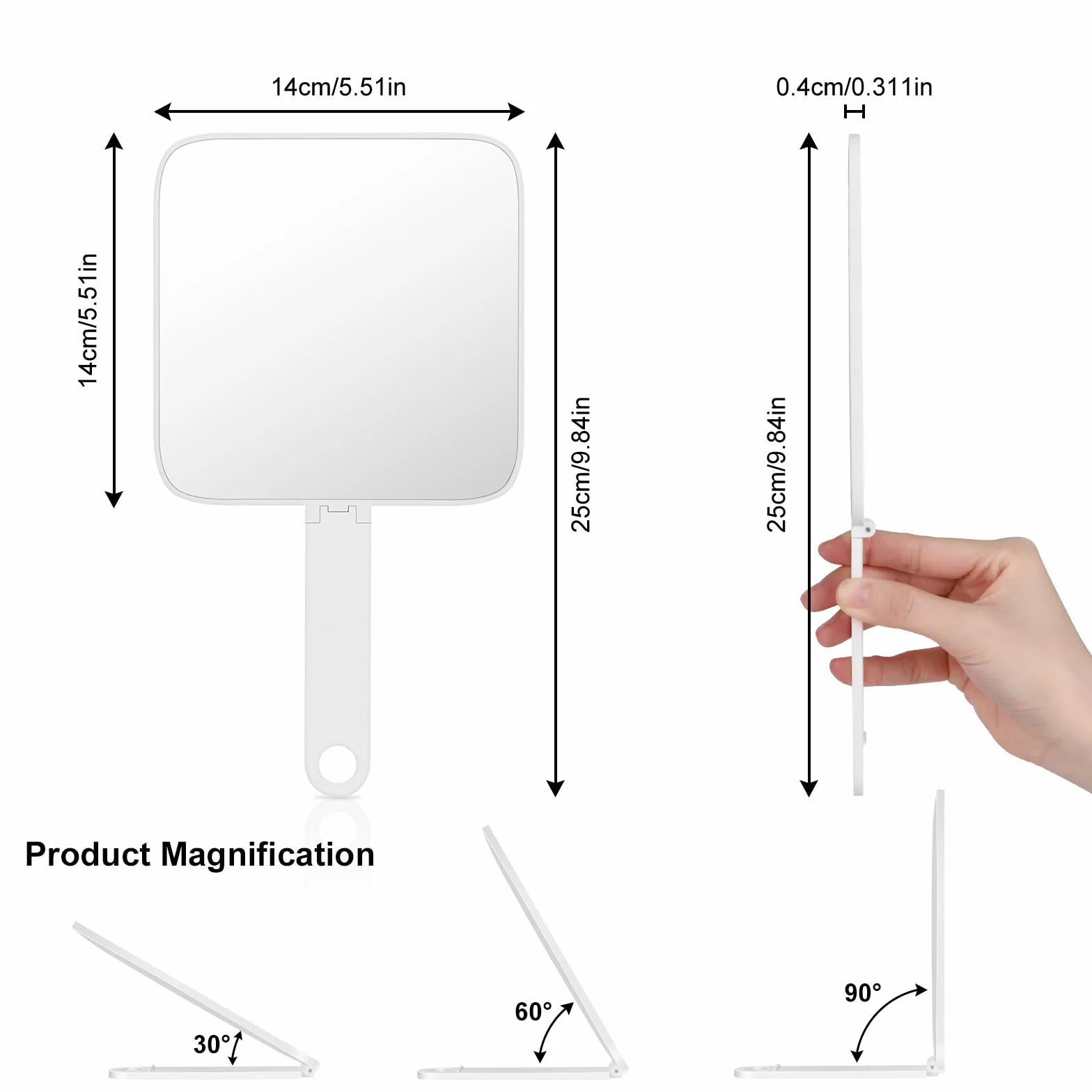 Miroir à Main avec Poignée Pliante et Support, Miroir de Courtoise Polyvalent pour Voyage, Salle de Bain, Maquillage
