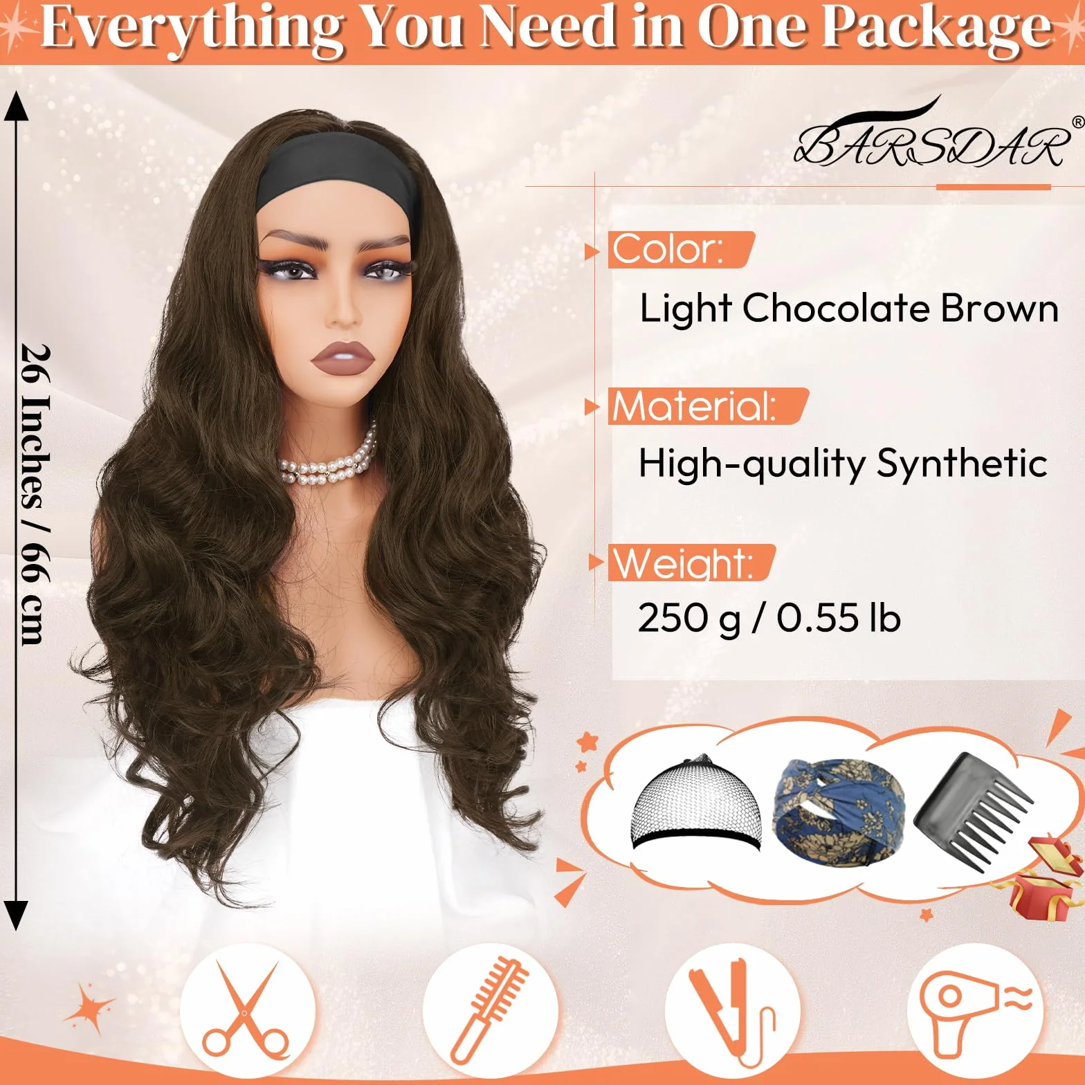 BARSDAR Ondulée Brun Clair Bandeau Perruque, 66cm Longue Body Ondulée Synthétique Headband Perruque pour Femme Hair Wig D'aspect Naturelle Glueless Easy Wear Cheveux Perruques