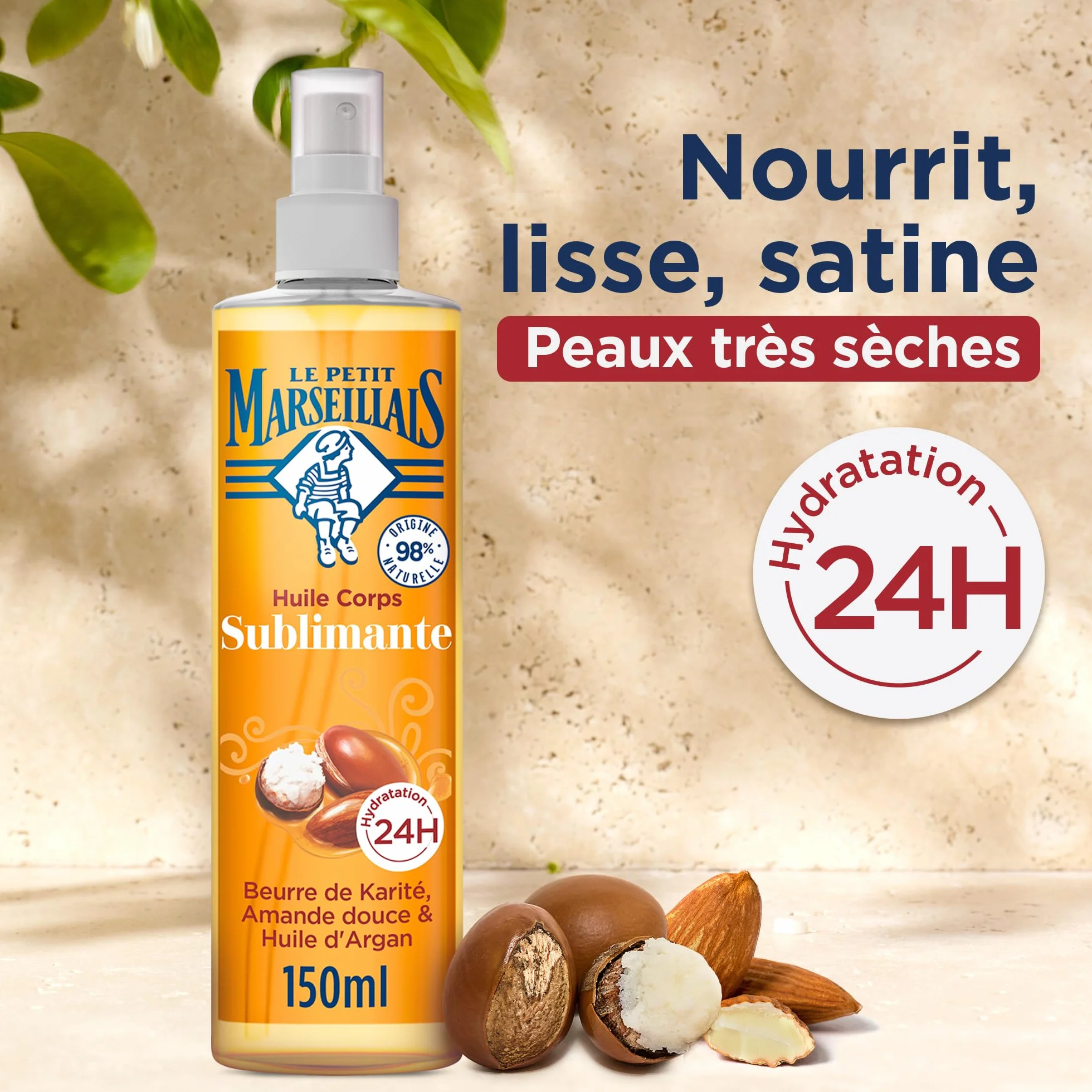 Le Petit Marseillais Huile Corps Sublimante Vaporisateur 150 Ml Soin Corps Hydratation 24H Beurre de Karité Amande Douce Huile d'Argan