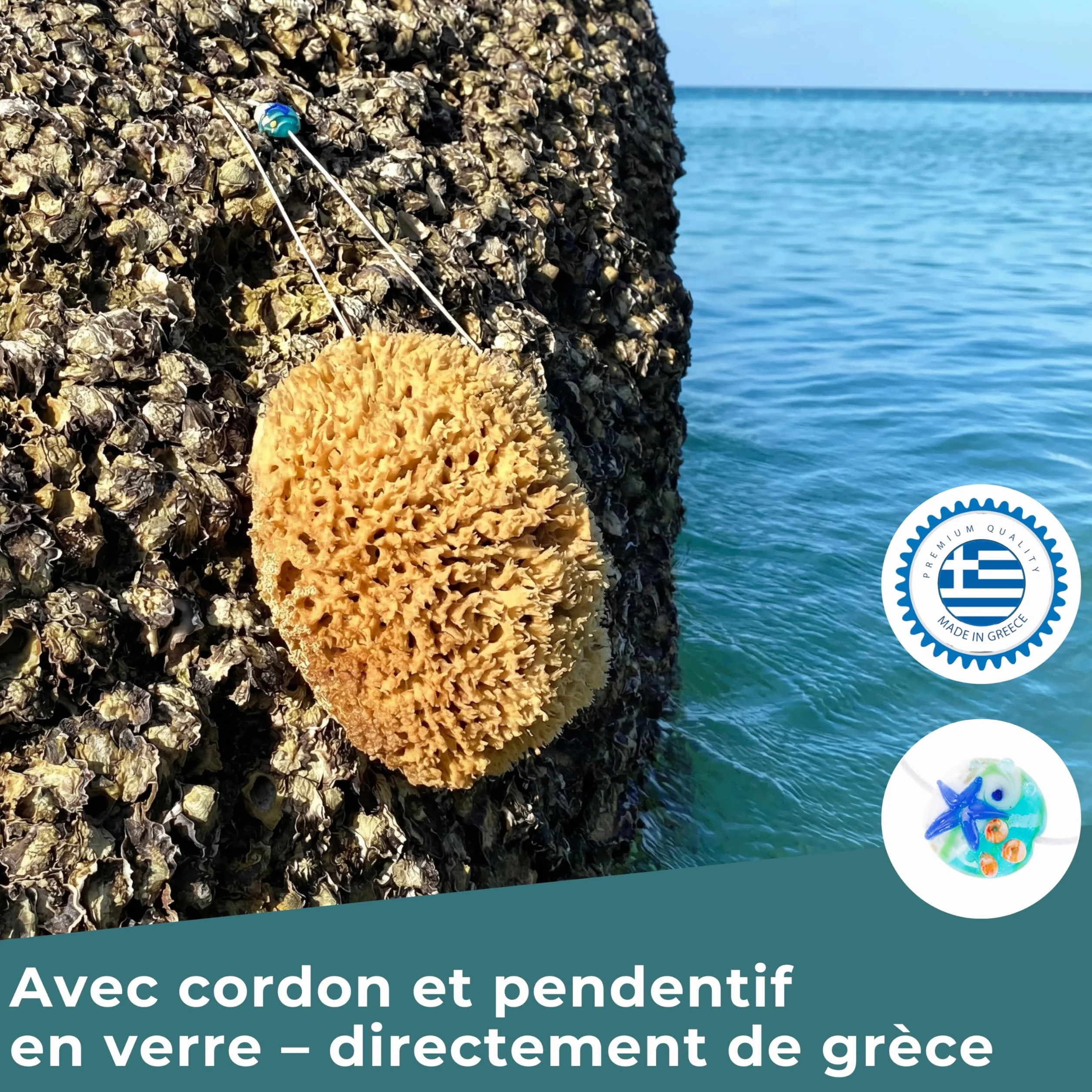 Éponge naturelle de mer tom&pat avec cordon et pendentif en verre 17-18 cm