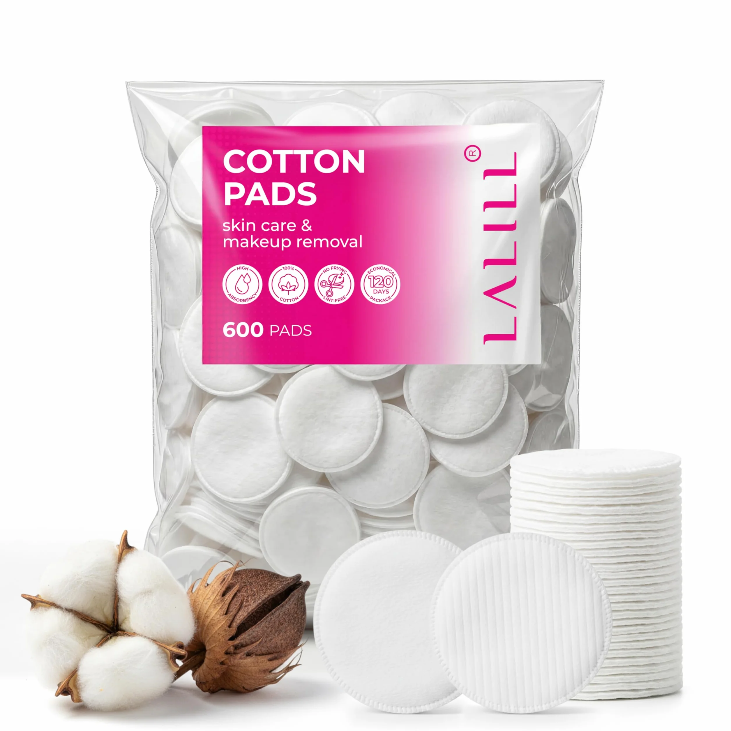 LALILL Tampons de Coton 600 Pièces – Cotons Démaquillants non Pelucheux – Nettoyage du Visage