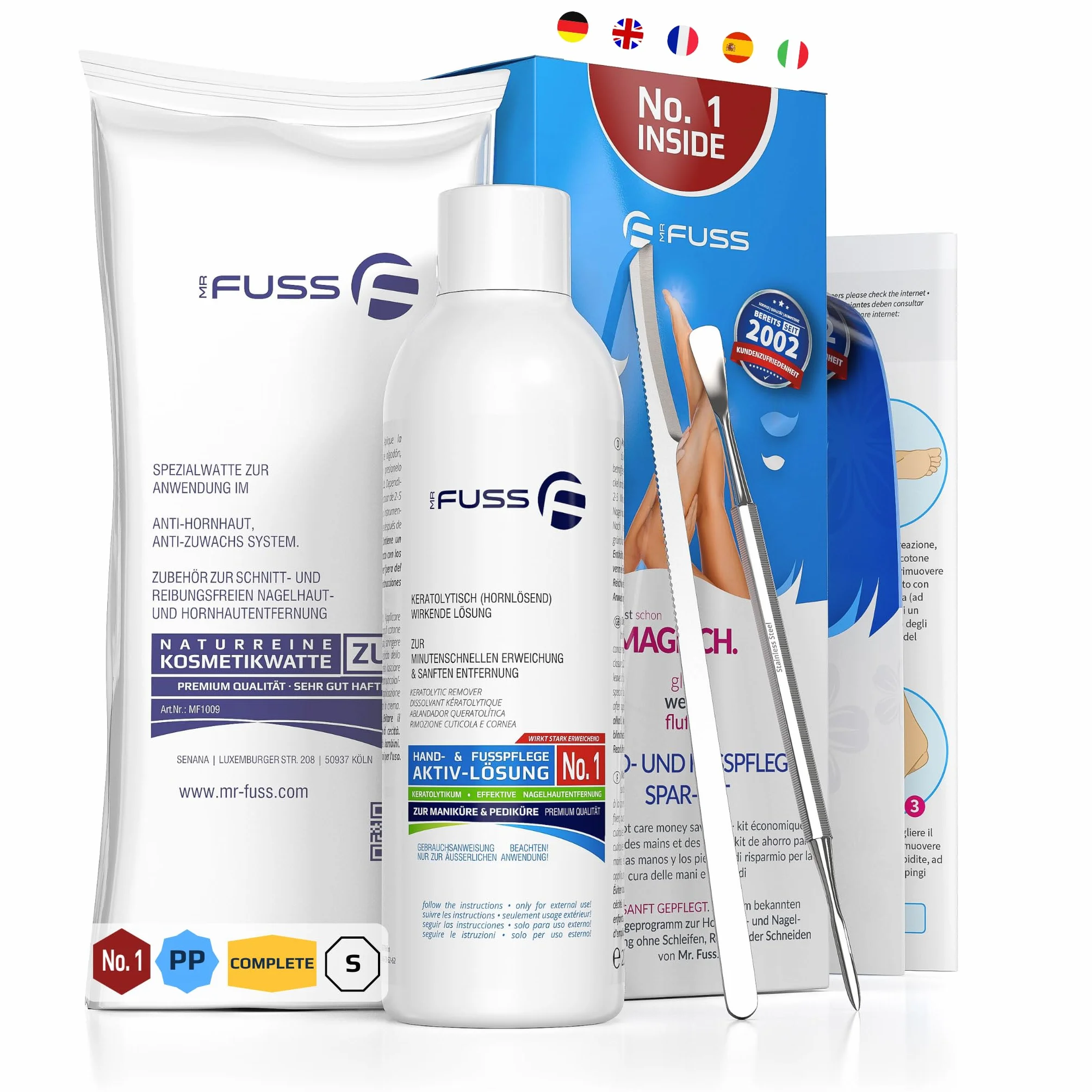 Mr. Fuss No. 1 Plus Pack Petits cuticules Lot économique 4 pièces Solution active 250 ml Ouate Couverts