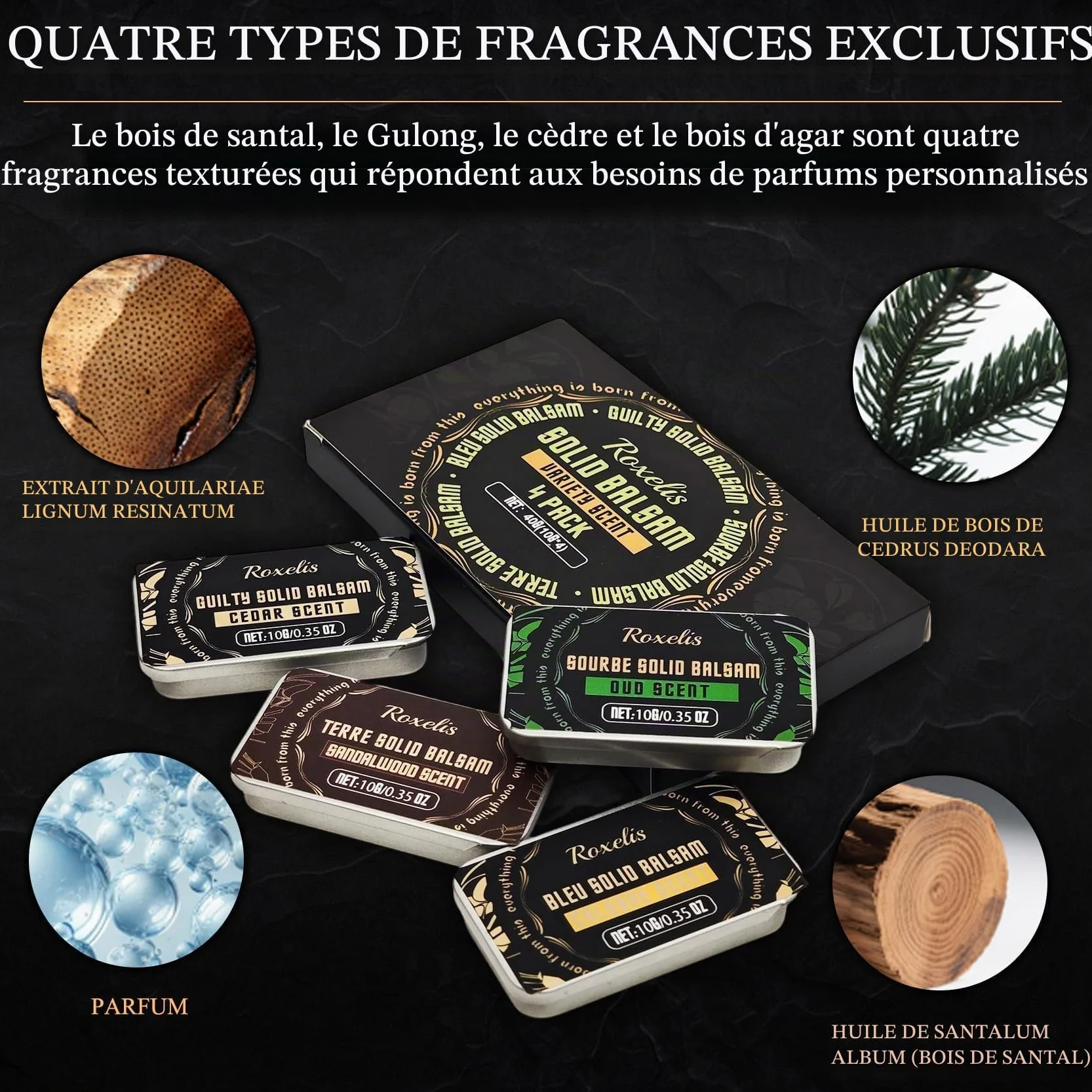 4 pièces Parfum solide pour homme, parfum masculin aux phéromones | vétiver, cèdre, sauge, santal, parfum pour homme automne-hiver, coffret de parfum format voyage, cadeau pour homme (4 x 10 g)