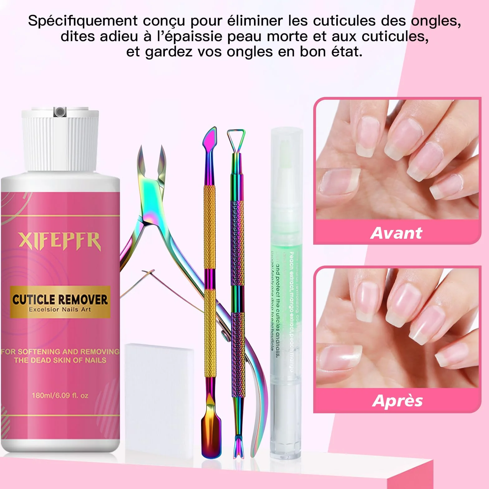 Kit de Cuticle Remover 180ml Crème Remover de Cuticules, Coupe Cuticule, Pince Cuticule, Repousse-Cuticules, Stylo à Huile pour Cuticules et Tampons de Coton, Pour Soins Manucure Pro et DIY