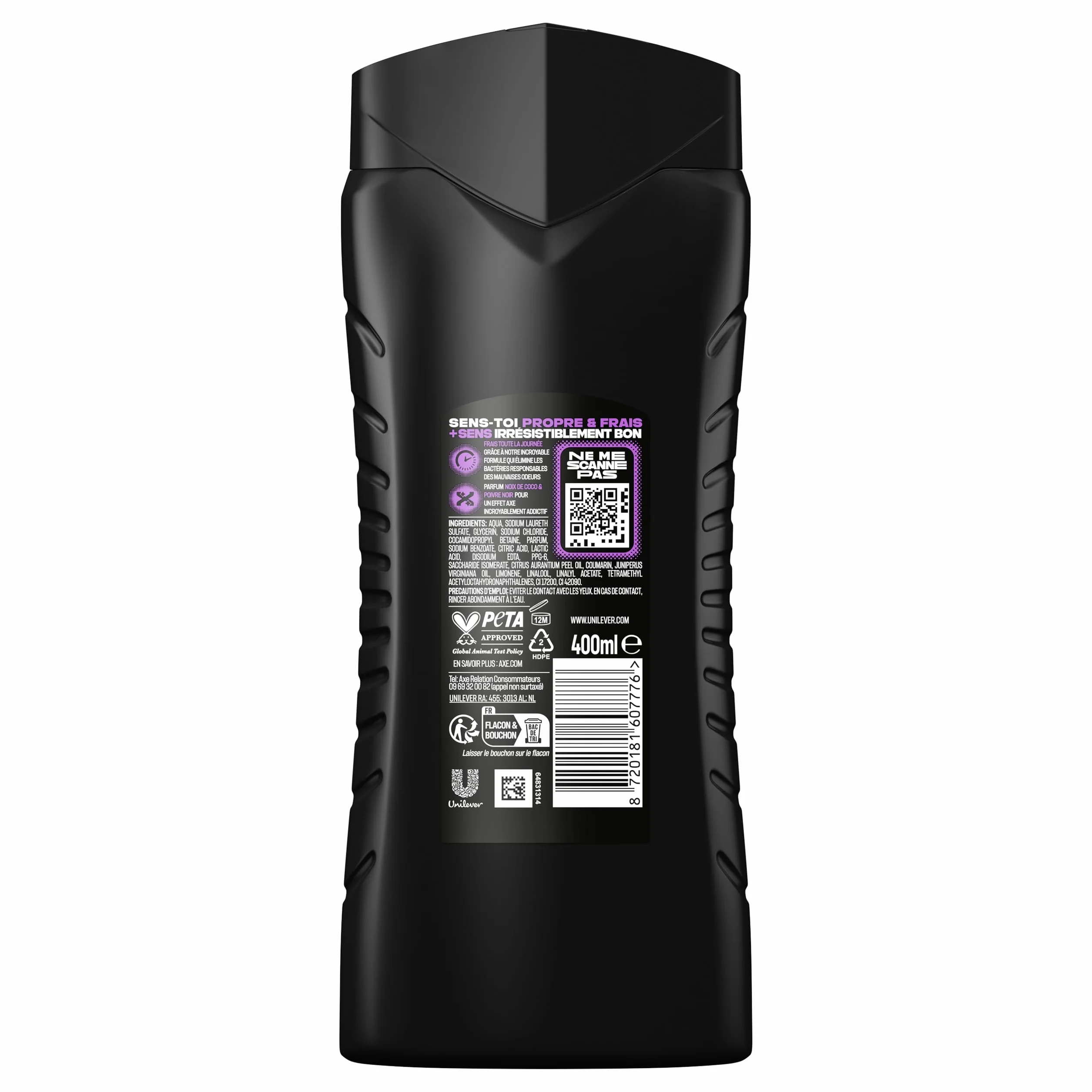 AXE Gel Douche Homme 5en1 Provocation 400ml Parfum noix de coco et poivre noir 24h Hydratant