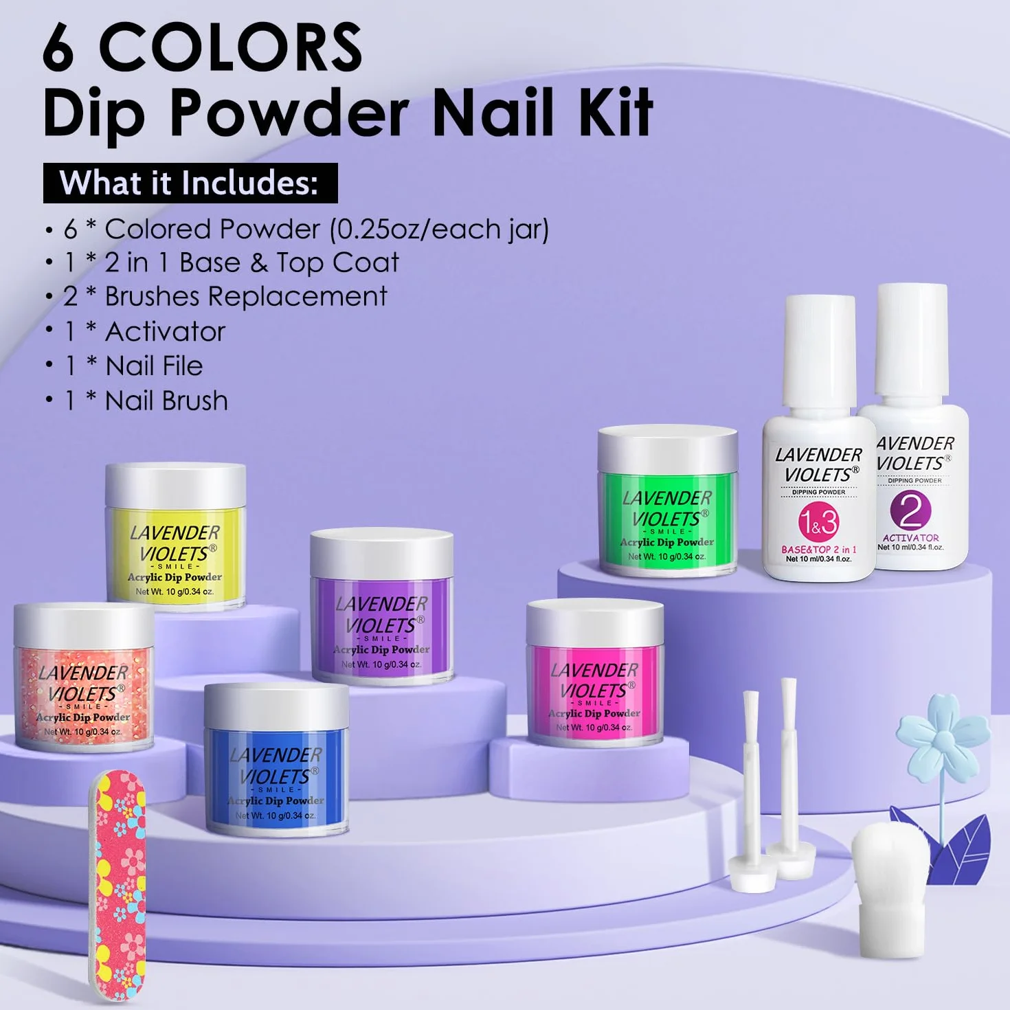 Lavender Violets 6 Couleurs Acrylique Trempage Poudre French Nail Art Manucure 2 En 1 Base Activateur Vernis Finition Brosse Lime Ongles M205