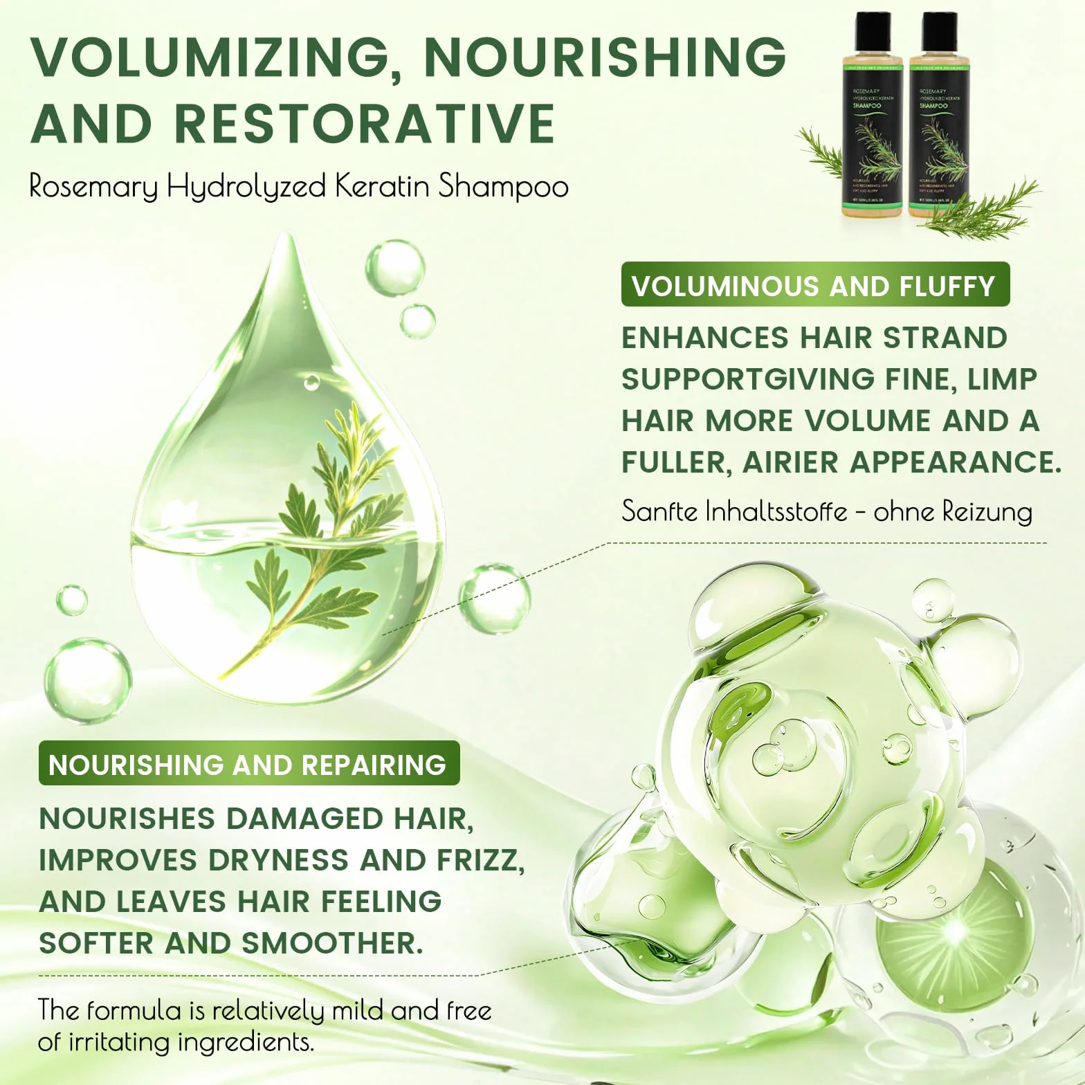 Shampooing au romarin biologique à la kératine pour croissance des cheveux