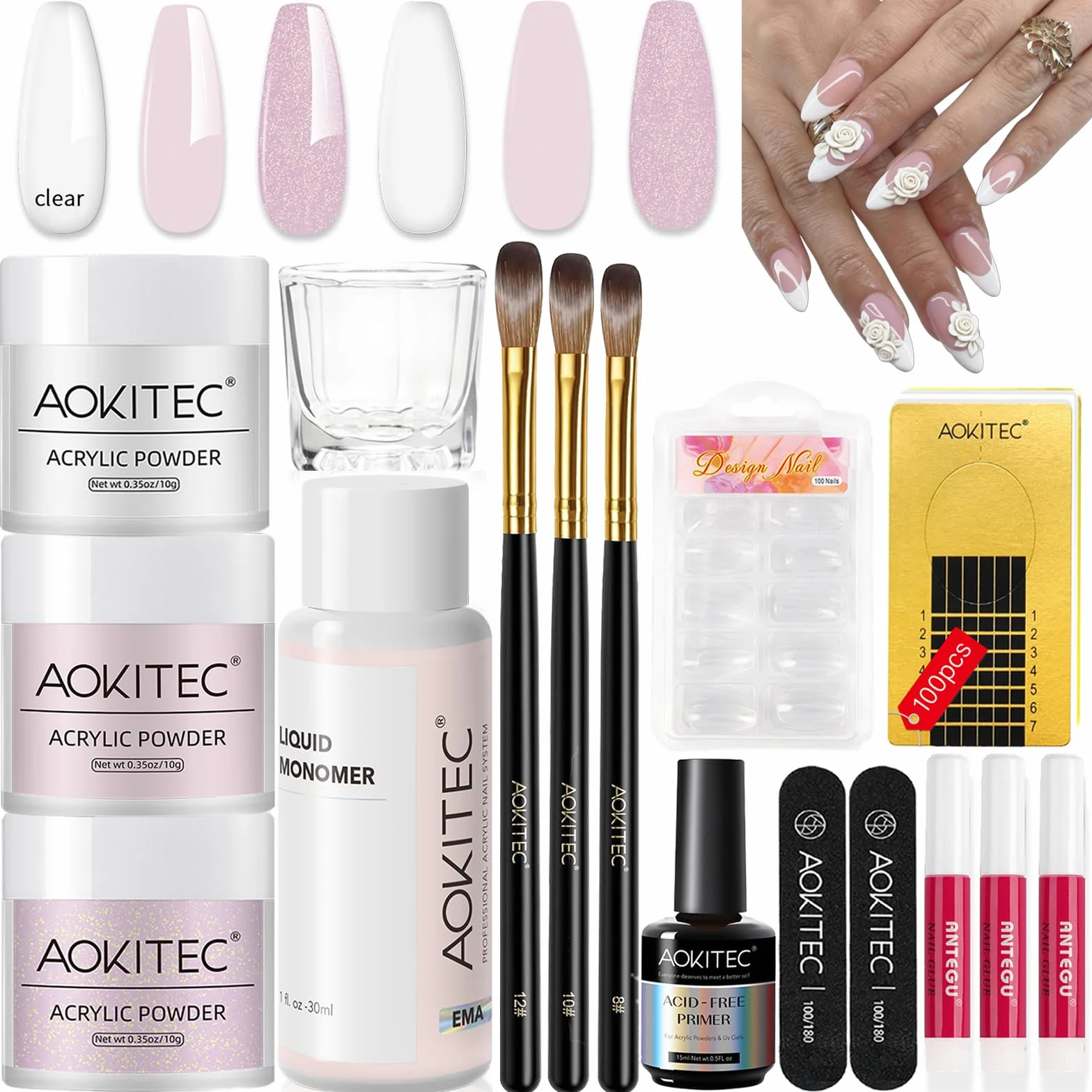 Aokitec Kit d'ongles en acrylique, rose clair, pailleté, poudre acrylique avec pinceau acrylique liquide, colle à ongles, gel acrylique pour ongles, kit de démarrage d'ongles en acrylique, kit de