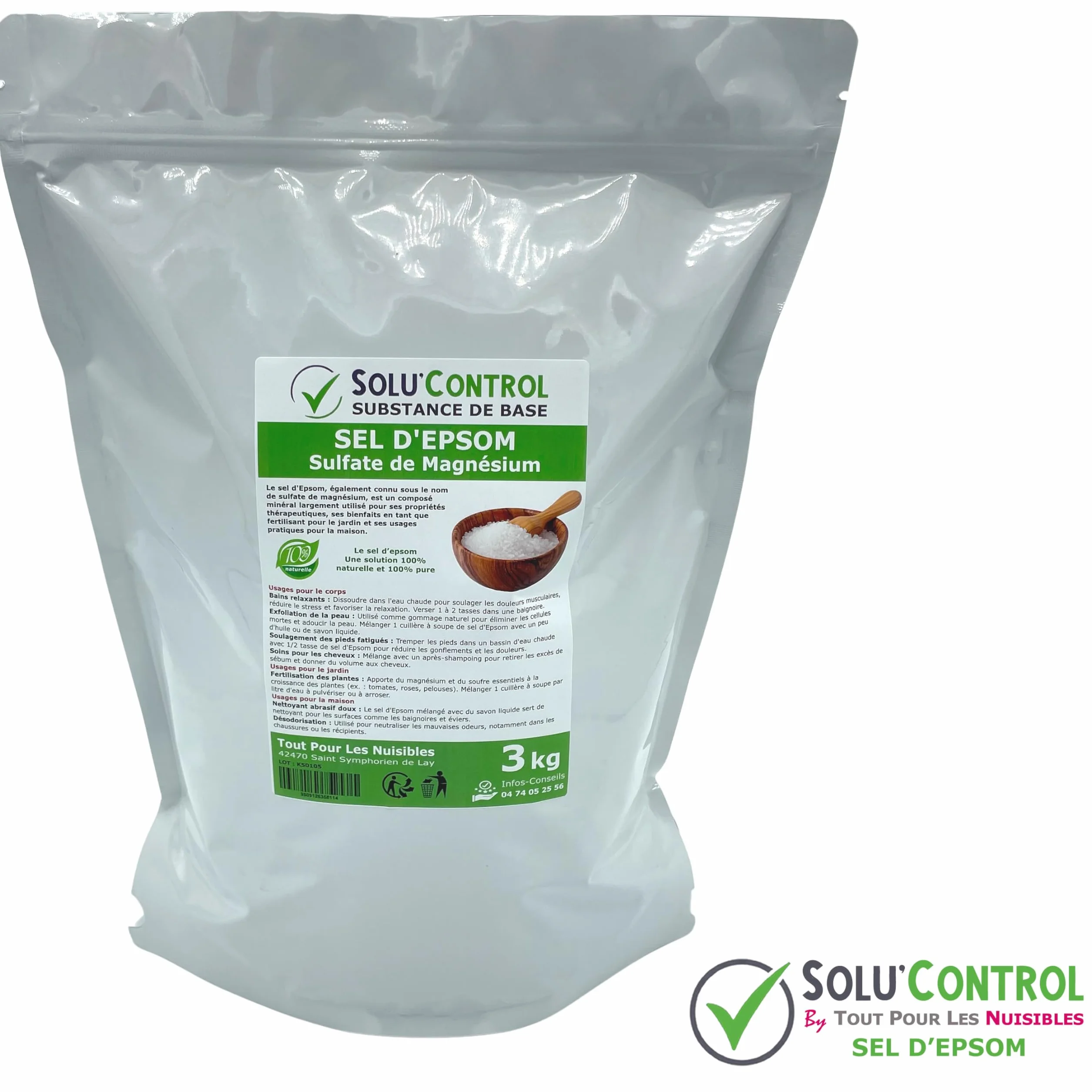 Sel d'Epsom 3 kg - Solu'Control - Sulfate de Magnésium 100% Pur et Naturel - Relaxation, Soin du Corps, Déodorant, Fertilisant et Apport en Magnésium pour Plantes - Sachet avec Zip Refermable