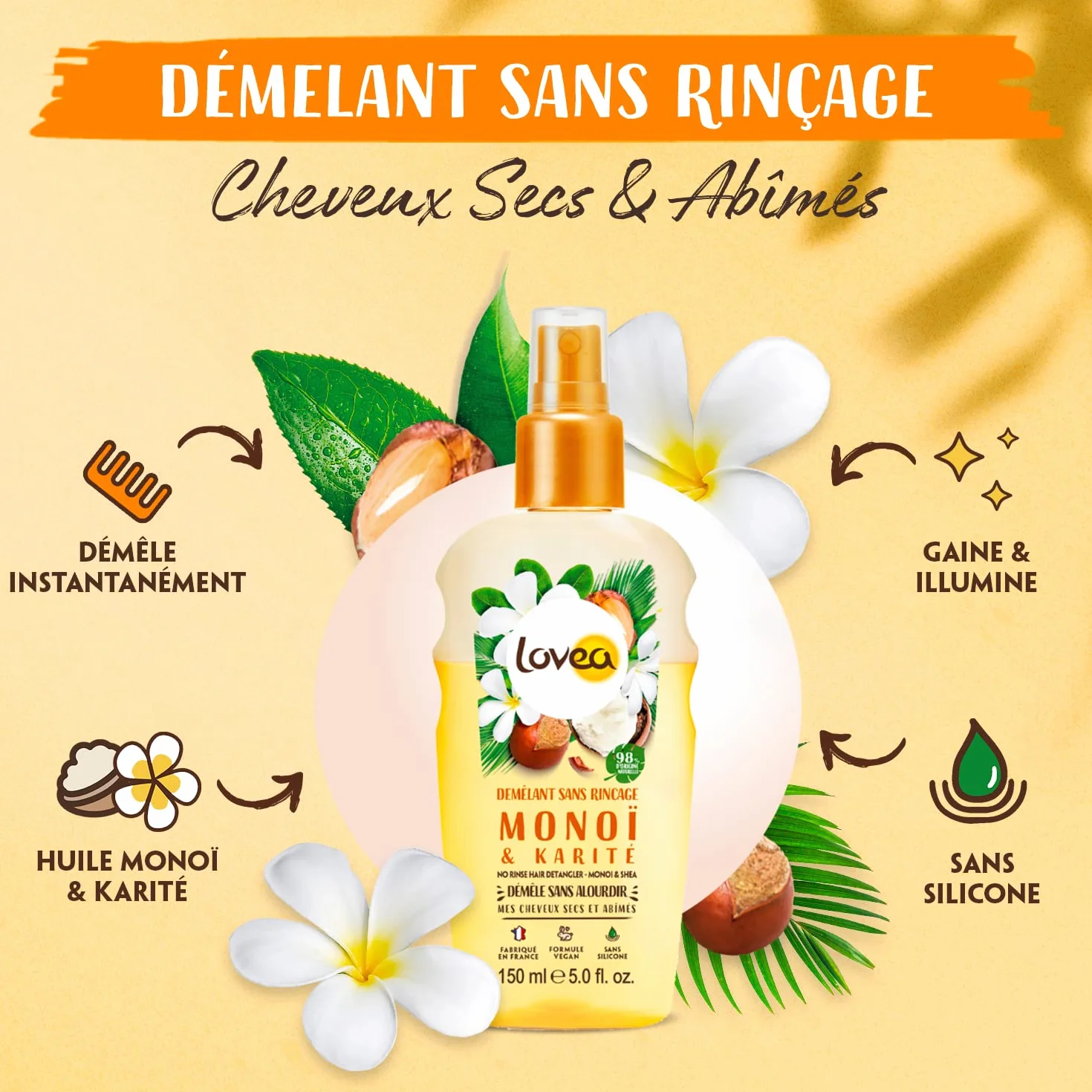 LOVEA Démêlant Sans Rinçage Monoï Karité Cheveux Secs Abîmés 150 ml