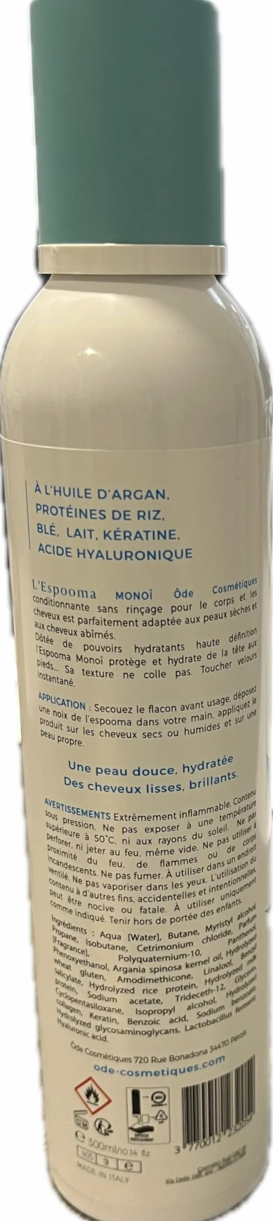 Mousse hydratante corps et cheveux "Espooma Monoï" Peau douce, parfumée et hydratée, cheveux lisse et brillant