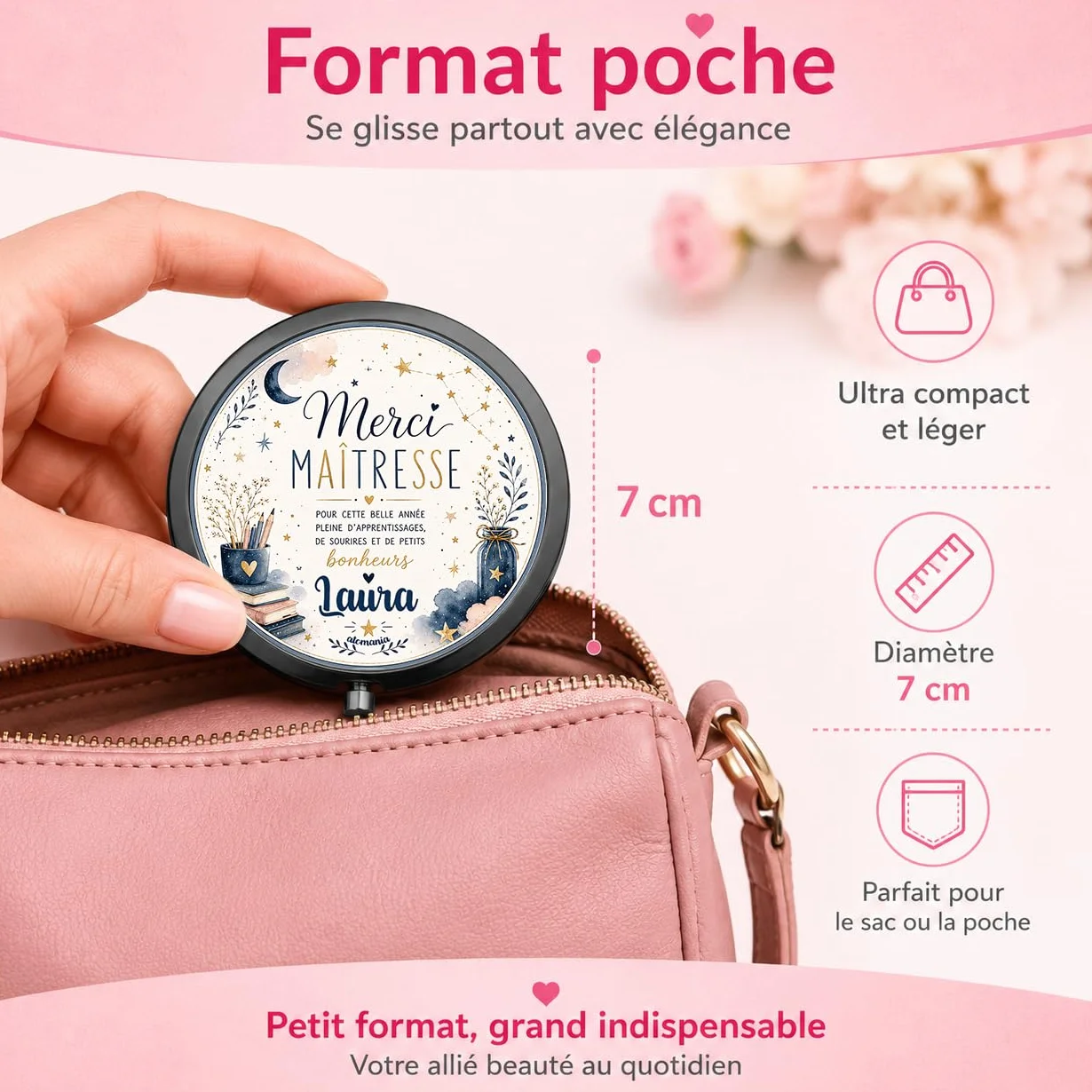 Miroir de Poche Personnalisé avec Prénom – Cadeau Maîtresse Original Fin d'Année Scolaire – Miroir Compact Femme