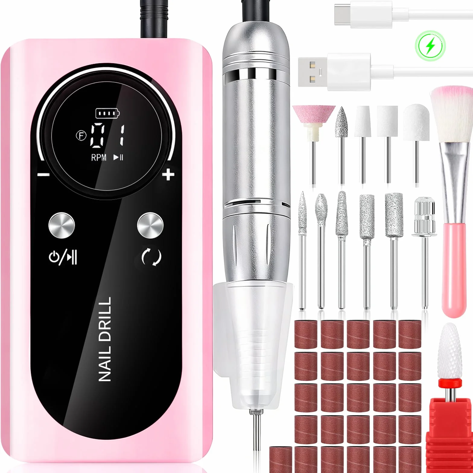 Ponceuse Pour Ongles Professionnel-45000 Rpm, 12 En 1 Ponceuse Ongle,Rechargeable,Lime a Ongle Electrique Portable,Avec Lcd écran Et Vitesse Réglable,Pour Gel Et Ongles En Acrylique,Salon