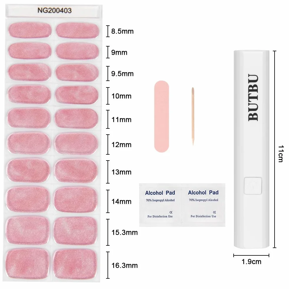 Autocollant Ongle Gel UV 20pcs, Vernis Autocollant UV, Film Ongles Autoadhésif avec Lampe UV Lime Bâton, Quartz Rose