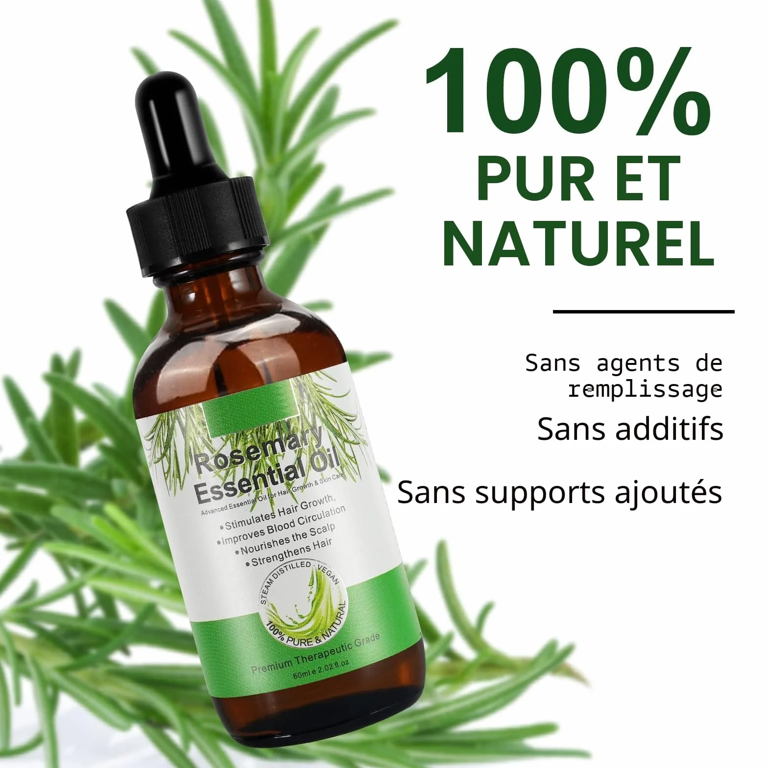 Huile Essentielle de Romarin 100% Pure pour Croissance des Cheveux et Soins de la Peau 60ml (Pack de 2)