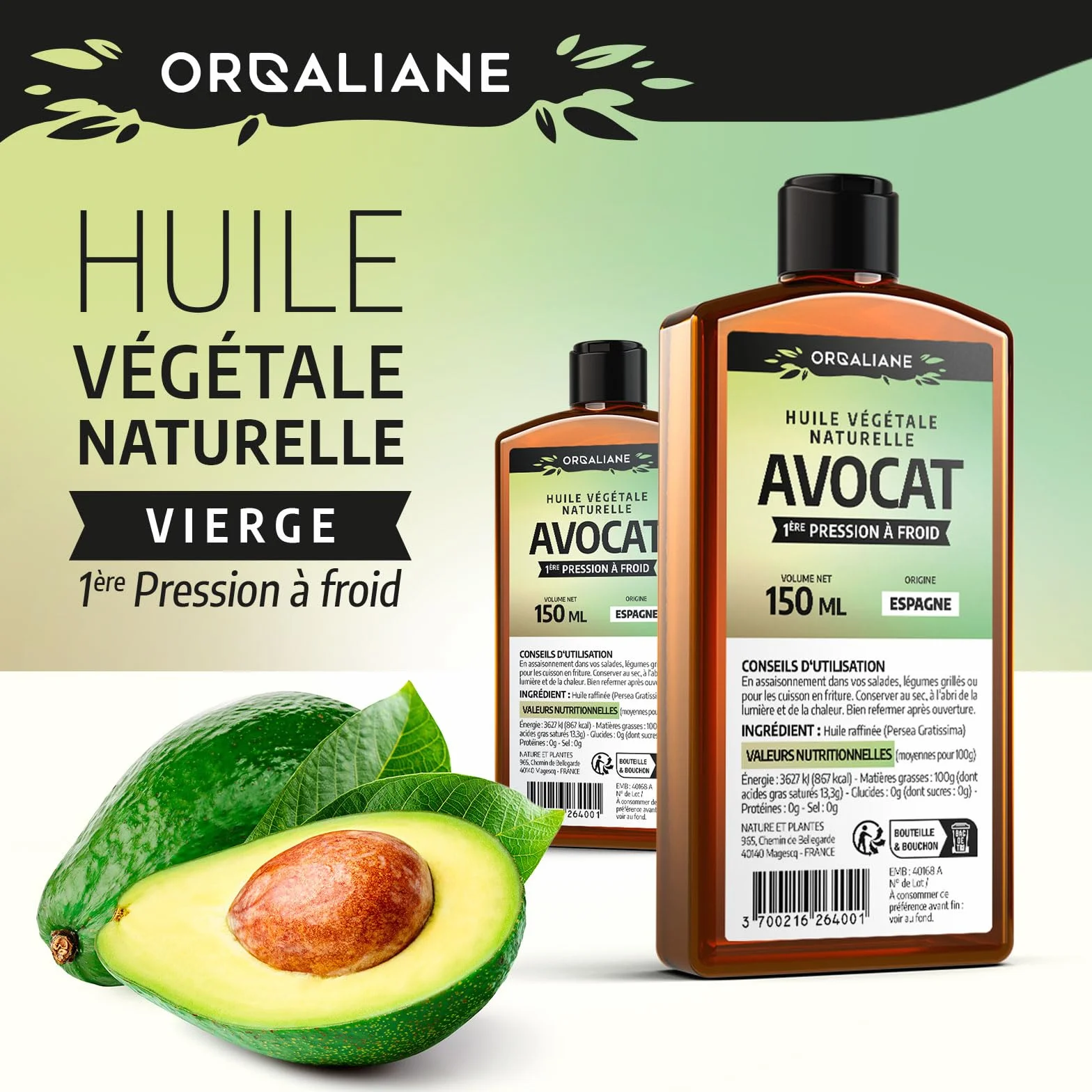 Huile d'Avocat 100% pure 500 ml - Assaisonnement cuisine - Huile corps et cheveux