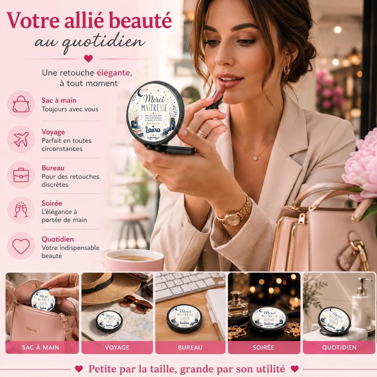 Miroir de Poche Personnalisé avec Prénom – Cadeau Maîtresse Original Fin d'Année Scolaire – Miroir Compact Femme