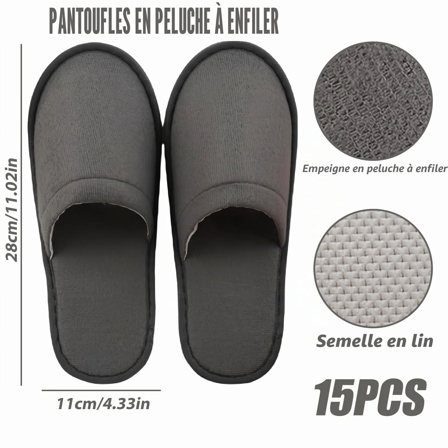 Lot de 15 paires de pantoufles d'hôtel grises : chaussons jetables antidérapants, confortables et respirants, ensemble de pantoufles d'invités, unisexes, pour