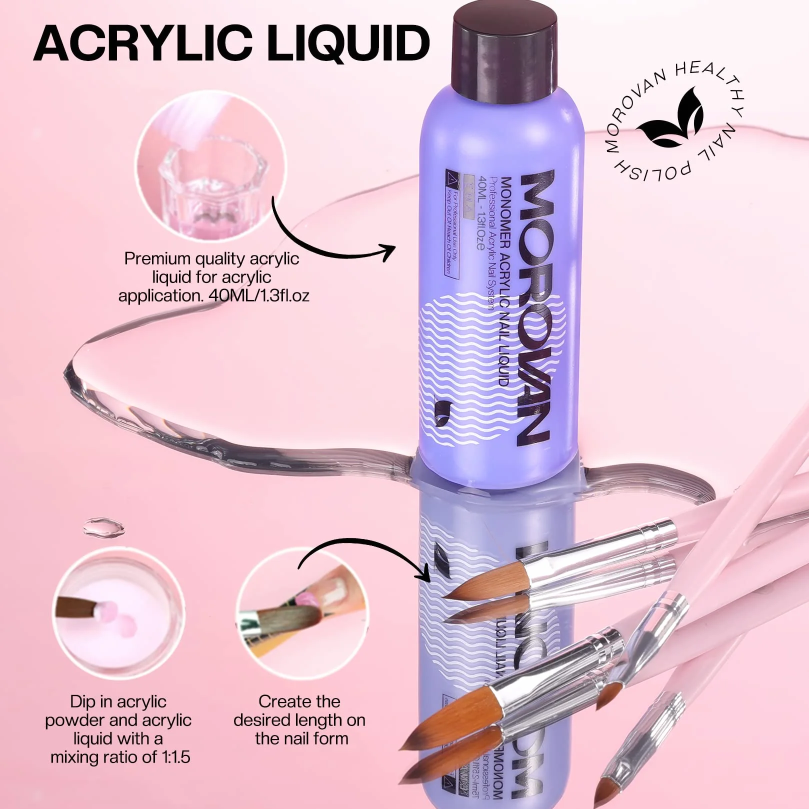 Morovan Kit Poudre Acrylique pour Ongles 3 Couleurs 3 Pinceaux Professionnels Débutants Art de l'Ongle