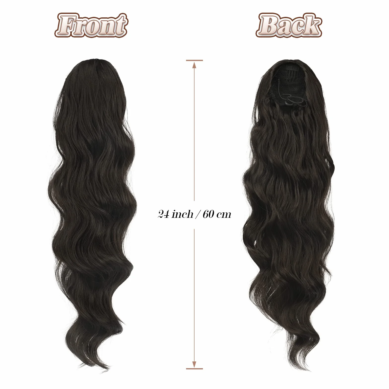 FESHFEN Queue de Cheval Cordon Longue Bouclé Ondulées Ponytail Cheveux Naturel Postiche Extension Synthétique Rajout Drawstring Ponytail Extensions pour Femmes, Noir Naturel 60 cm