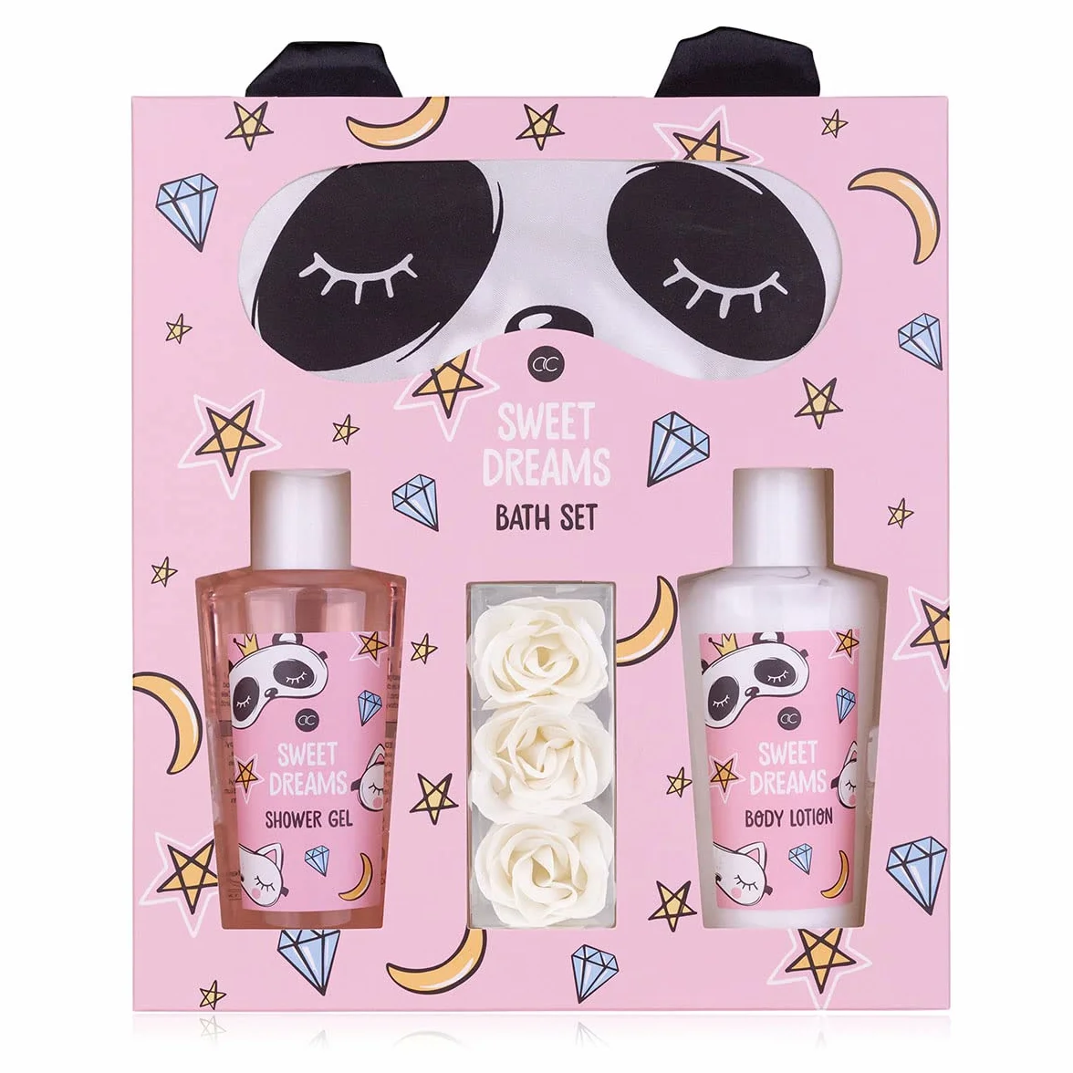 Coffret beauté Sweet Dreams masque de sommeil panda gel douche lotion corps confettis bain rose