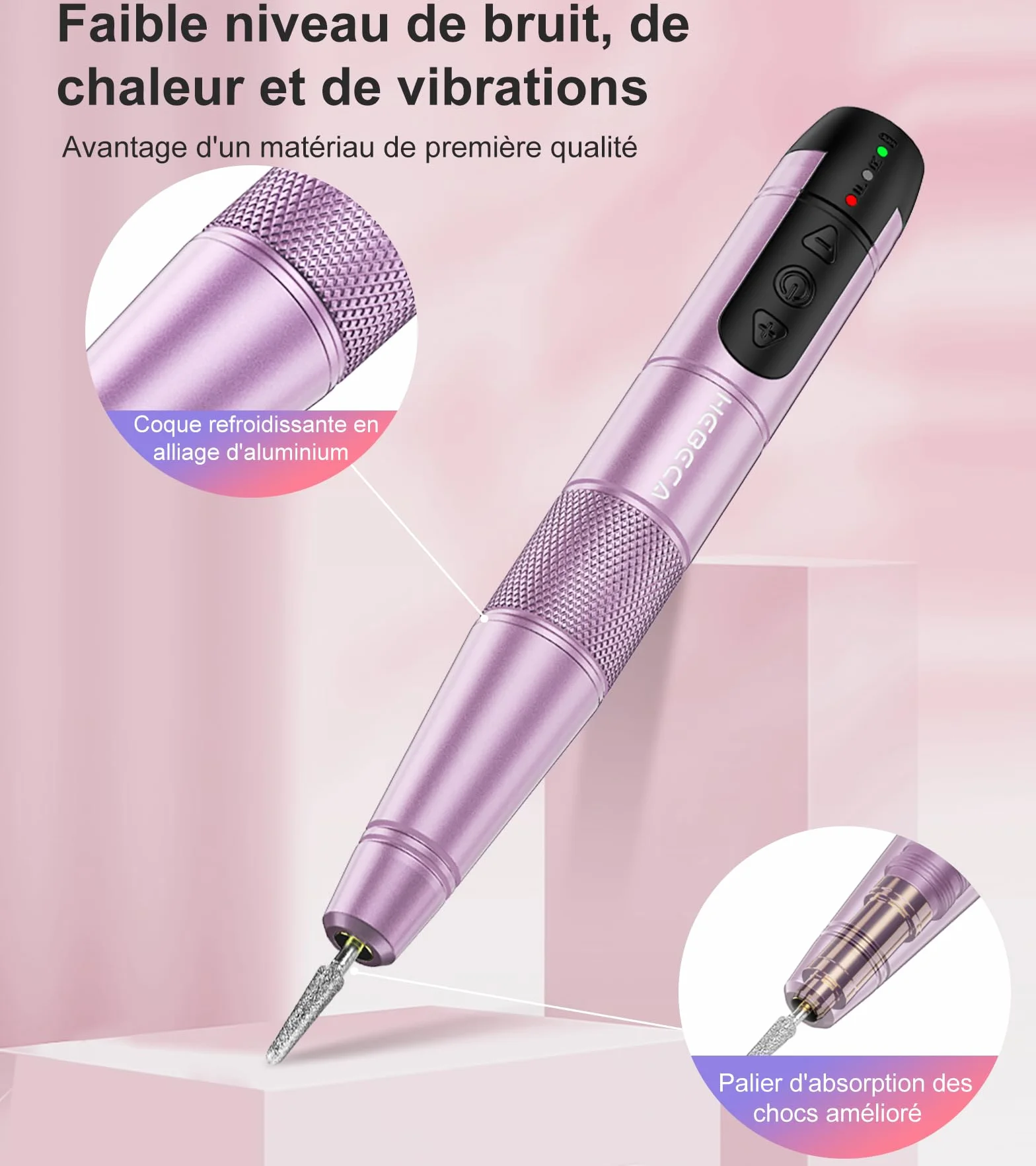 HEBECA Ponceuse pour ongles professionnel - 20000RPM Lime a Ongle Electrique Portable - Ponceuse Ongles sans fil Kit complet de Manucure et Pédicure Polyvalence (Rose)