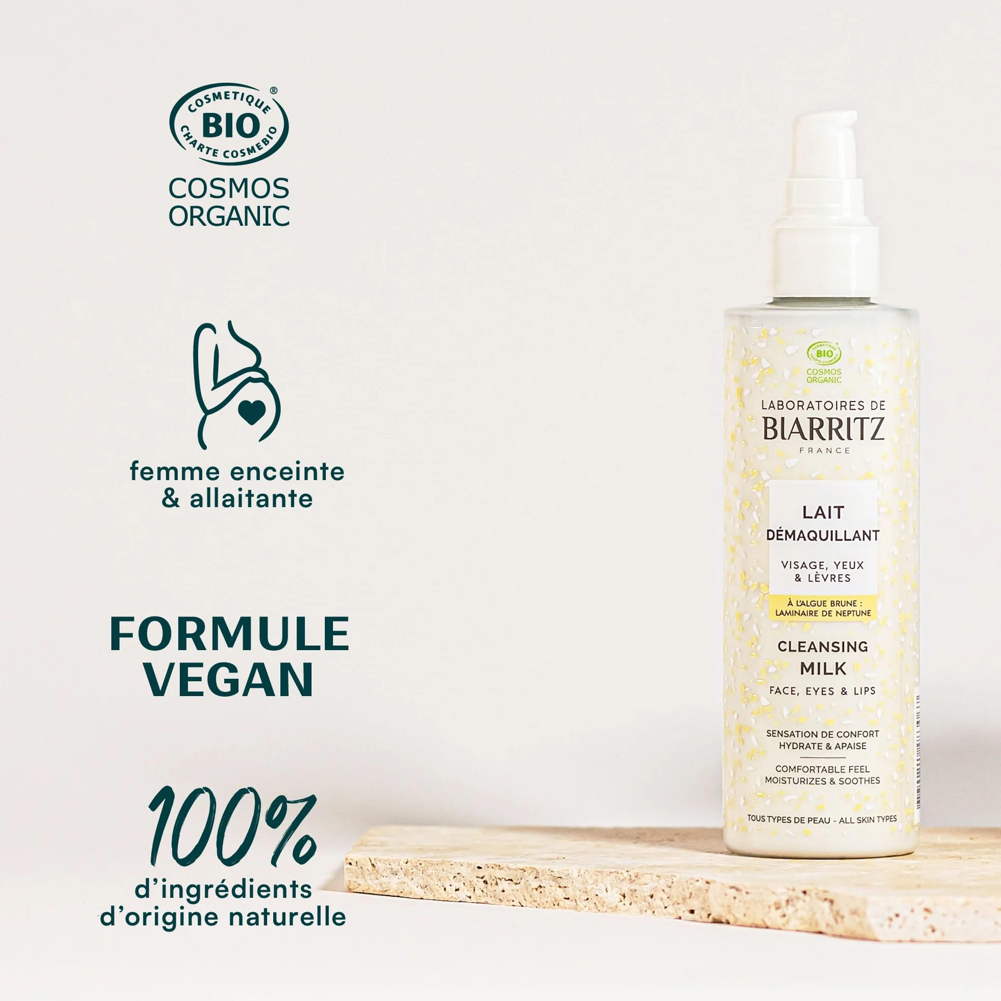 Laboratoires de Biarritz - Lait Démaquillant Visage, Yeux & Lèvres Certifié Bio - Hydrate et Apaise - Sensation de Confort - 200 ml - Fabriqué en France