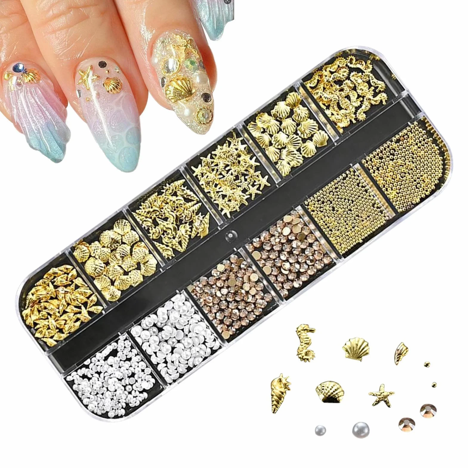 Kit de Manucure Strass Thème Mer, Charmes 3D Perles Coquilles Étoiles pour Ongles