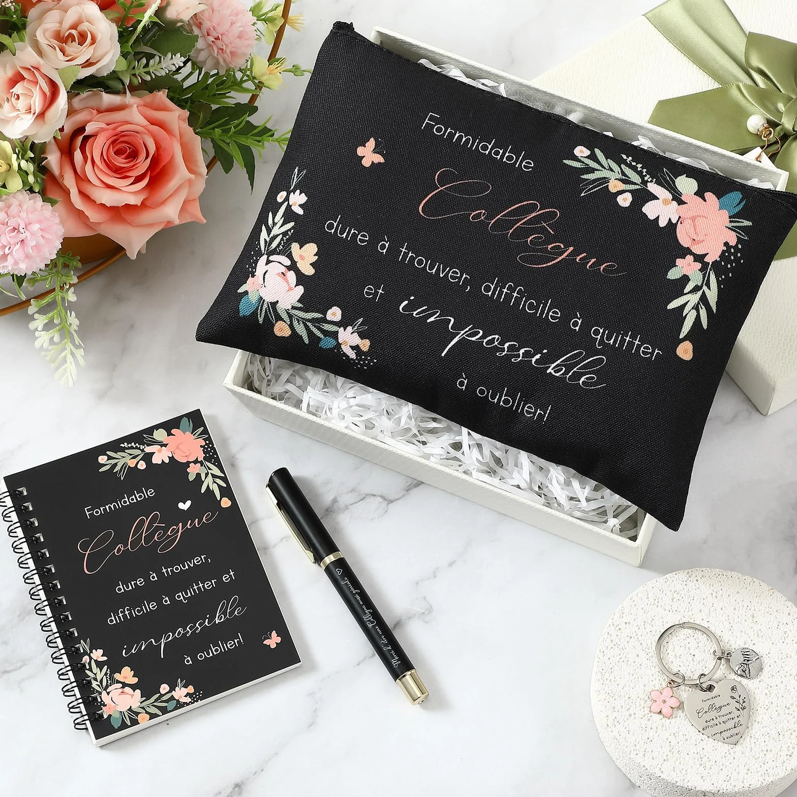 Hestya Coffret Cadeau pour Collègue Femme - Trousse de Maquillage, Carnet, Stylo, Porte-Clés | Cadeau Original Départ, Retraite, Noël
