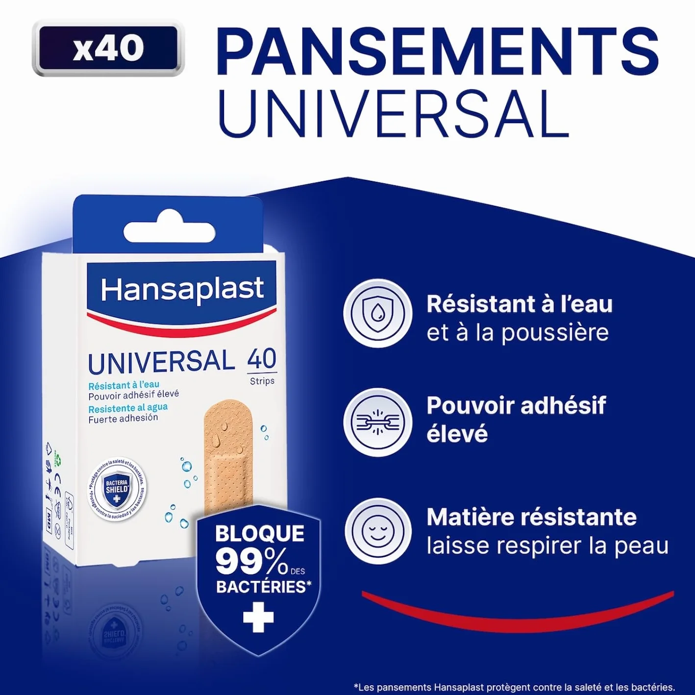 HANSAPLAST UNIVERSAL Pansements Prédécoupés Résistants à l'Eau et à la Poussière Couleur Chair 40 Pièces