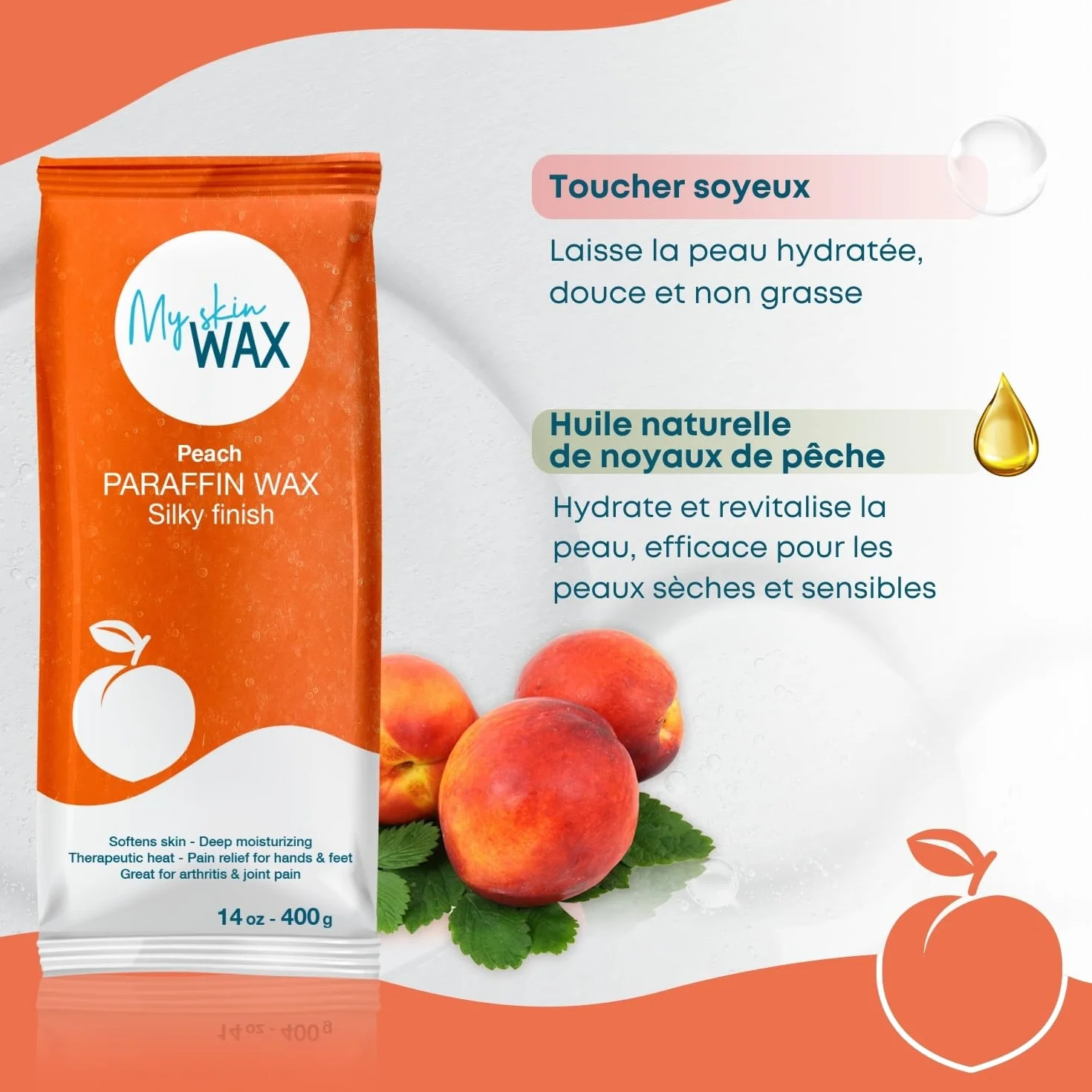 Cire de paraffine Maxi Pack, 6 blocs de 400 g (2,4 kg), parfum pèche, hydratante sans effet gras, idéale pour bains mains et pieds, soulagement arthrite, pédicure