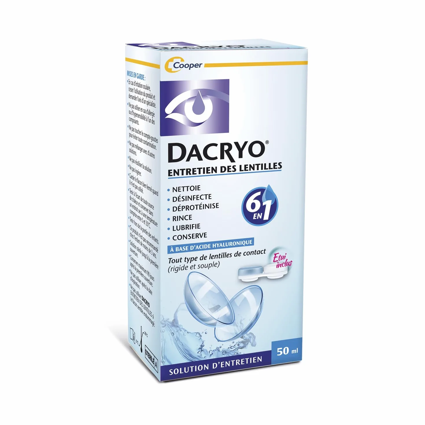 DACRYO Solution d'entretien des lentilles 6 en 1 50 ml - Nettoie, désinfecte, déproténise, rince, lubrifie, conserve - Acide Hyaluronique - Étui inclus